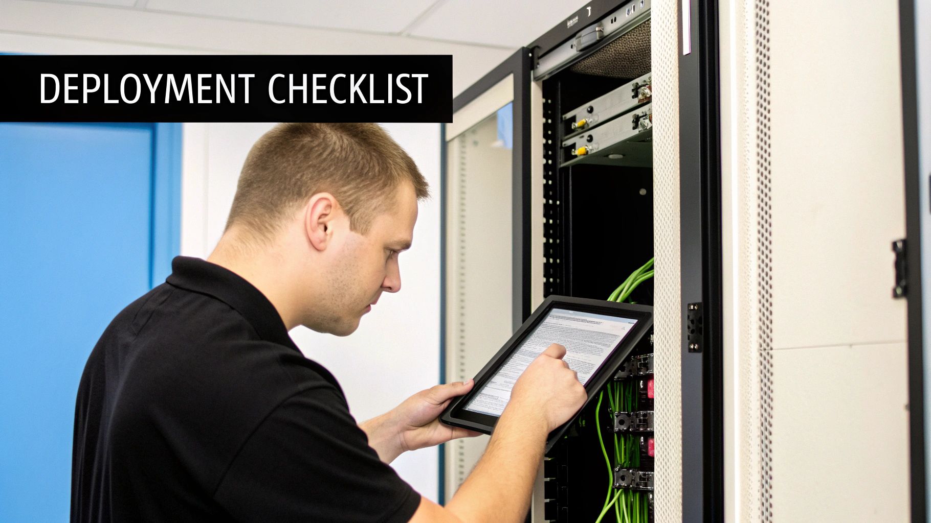 A technician uses a tablet to check a deployment checklist in a server room with green cables.