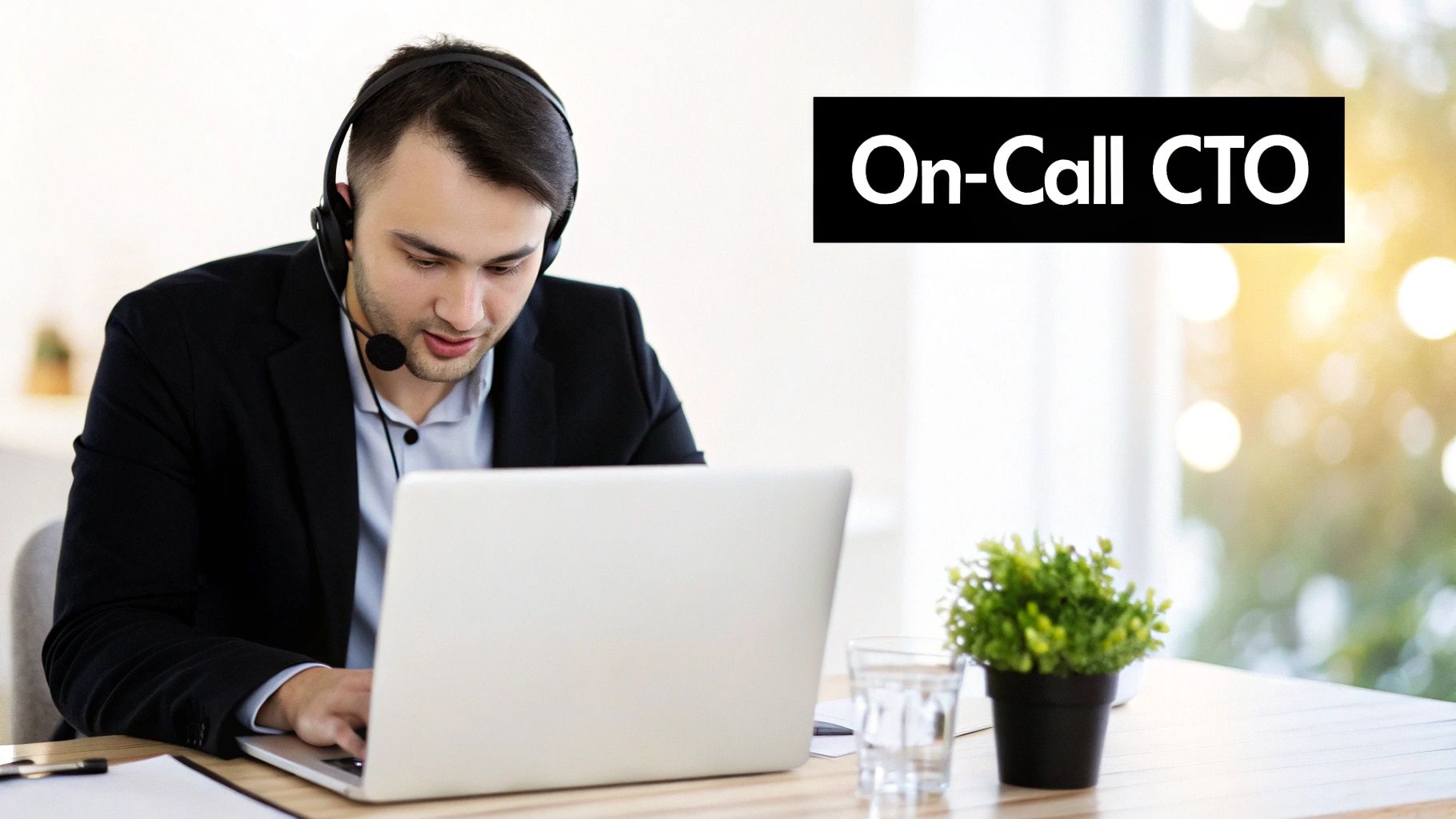 A man with a headset working on a laptop, featuring "On-Call CTO" text overlay.