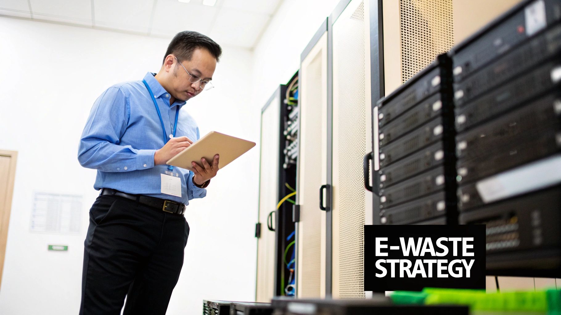 An IT technician inspects server racks in a data center, holding a tablet and pen, focusing on e-waste strategy.