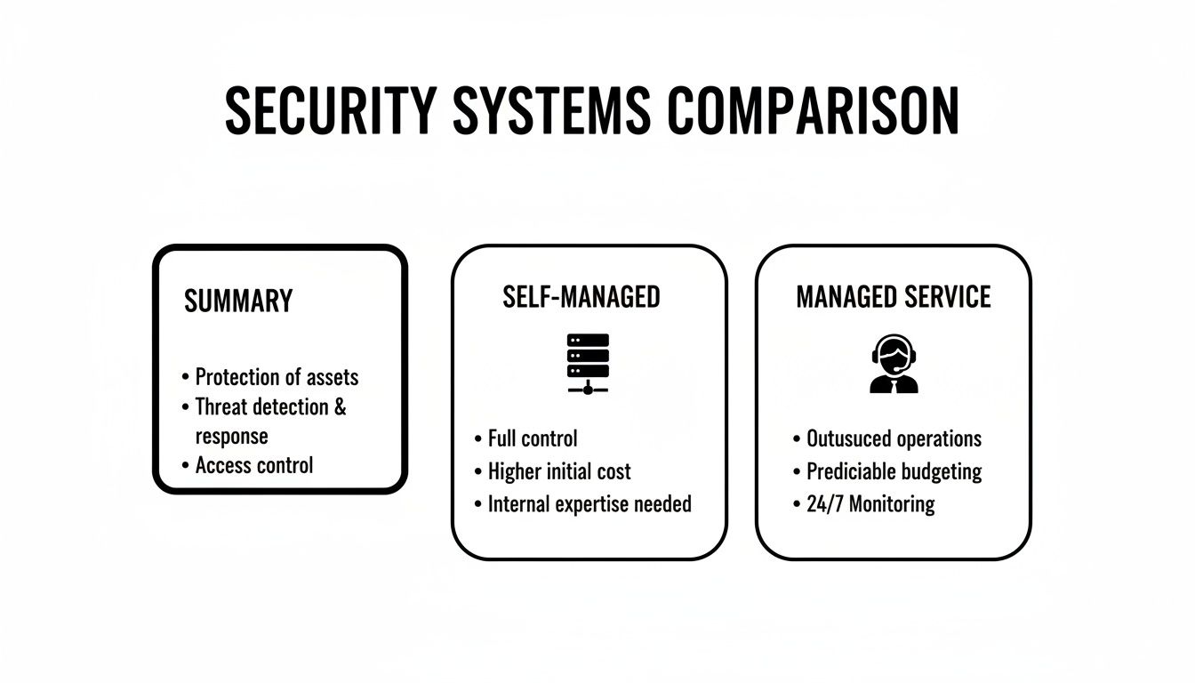 Comparison of security systems, detailing summary, self-managed, and managed service features.