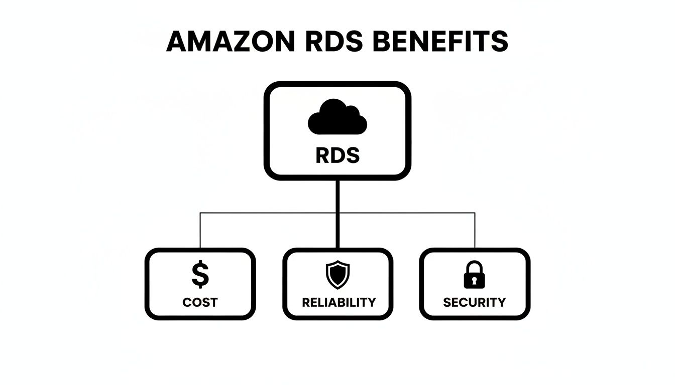 Diagram illustrating Amazon RDS benefits, highlighting cost efficiency, reliability, and robust security features.