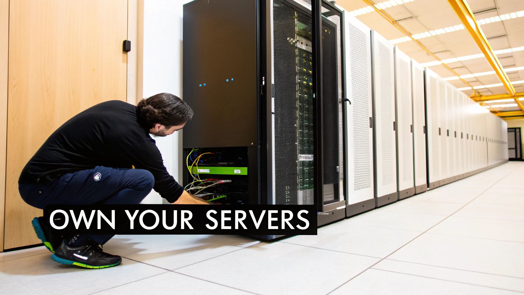A technician works on server racks in a data center, emphasizing server ownership.