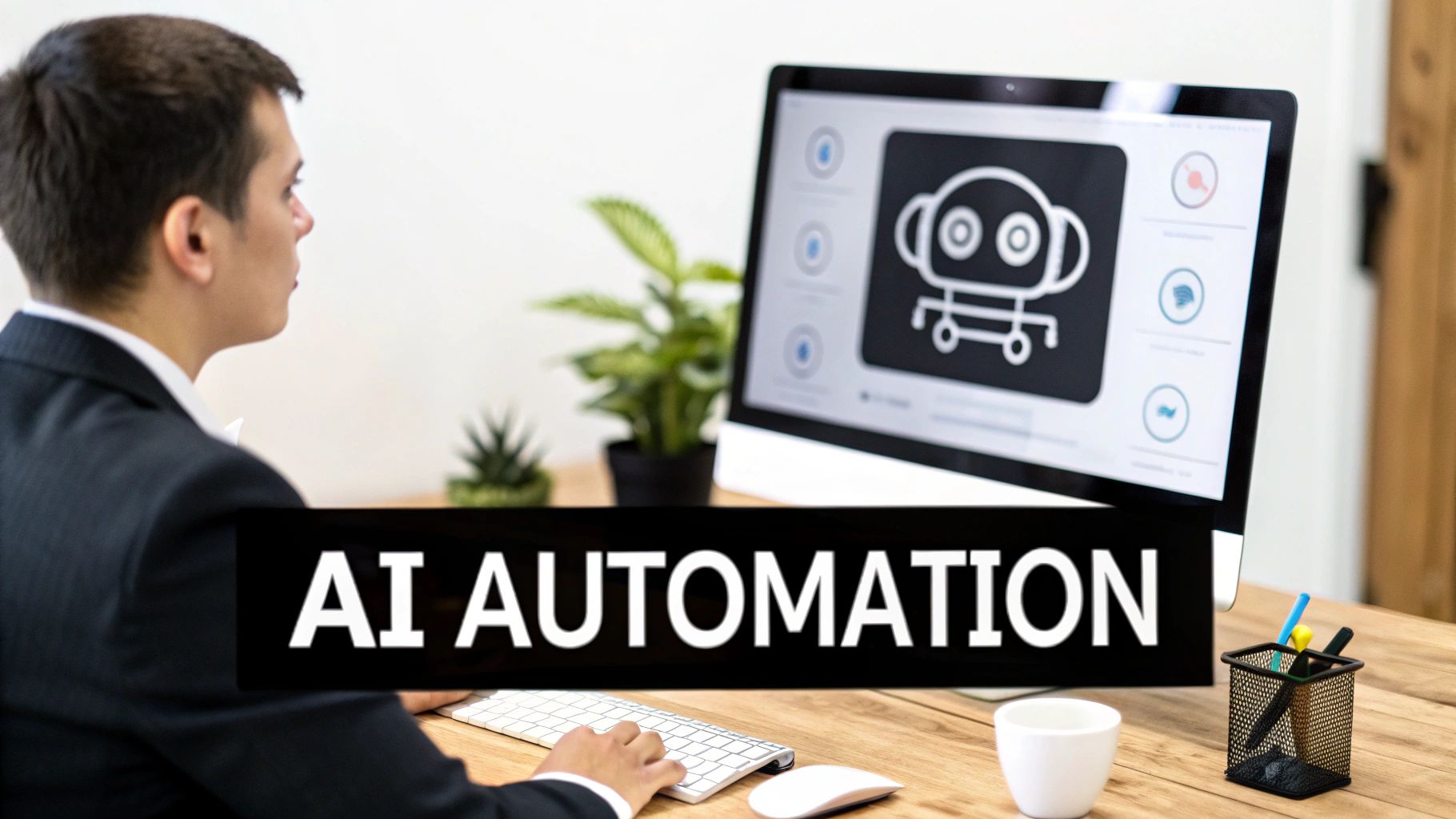 A man in a suit looks at a computer screen displaying AI automation concepts and a robot icon.