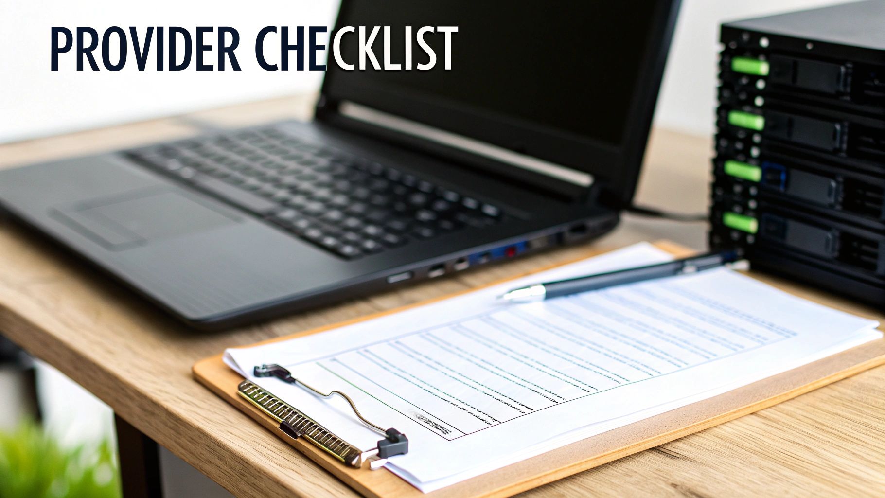A detailed provider checklist on a clipboard with a laptop and server rack on a desk.