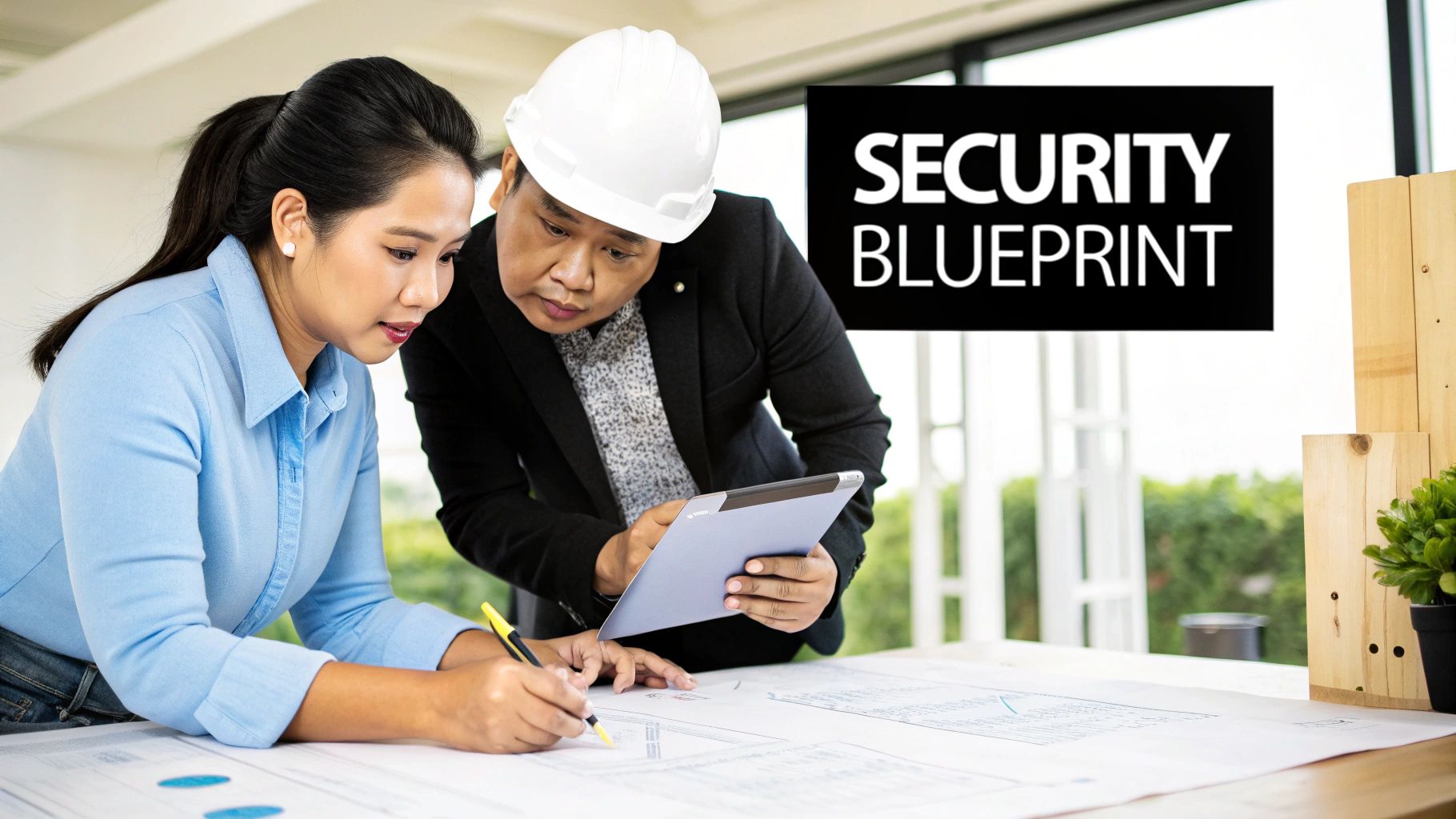 Two professionals collaboratively reviewing security blueprint plans on a table, one writing, one using a tablet.