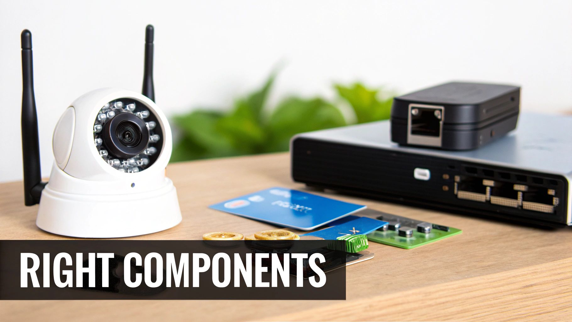 A white IP security camera with antennas, network devices, and credit cards on a wooden desk.
