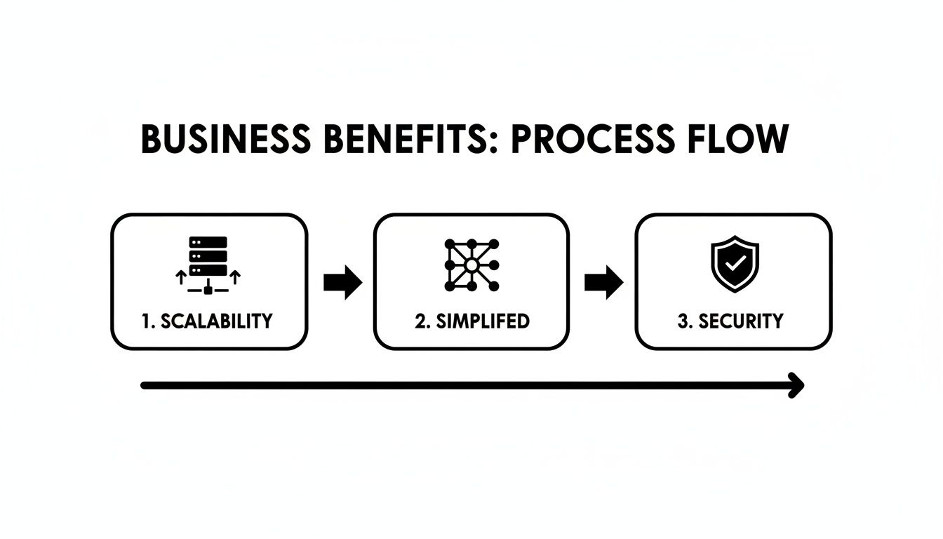 Diagram illustrating business benefits process flow: scalability, simplified operations, and security features.