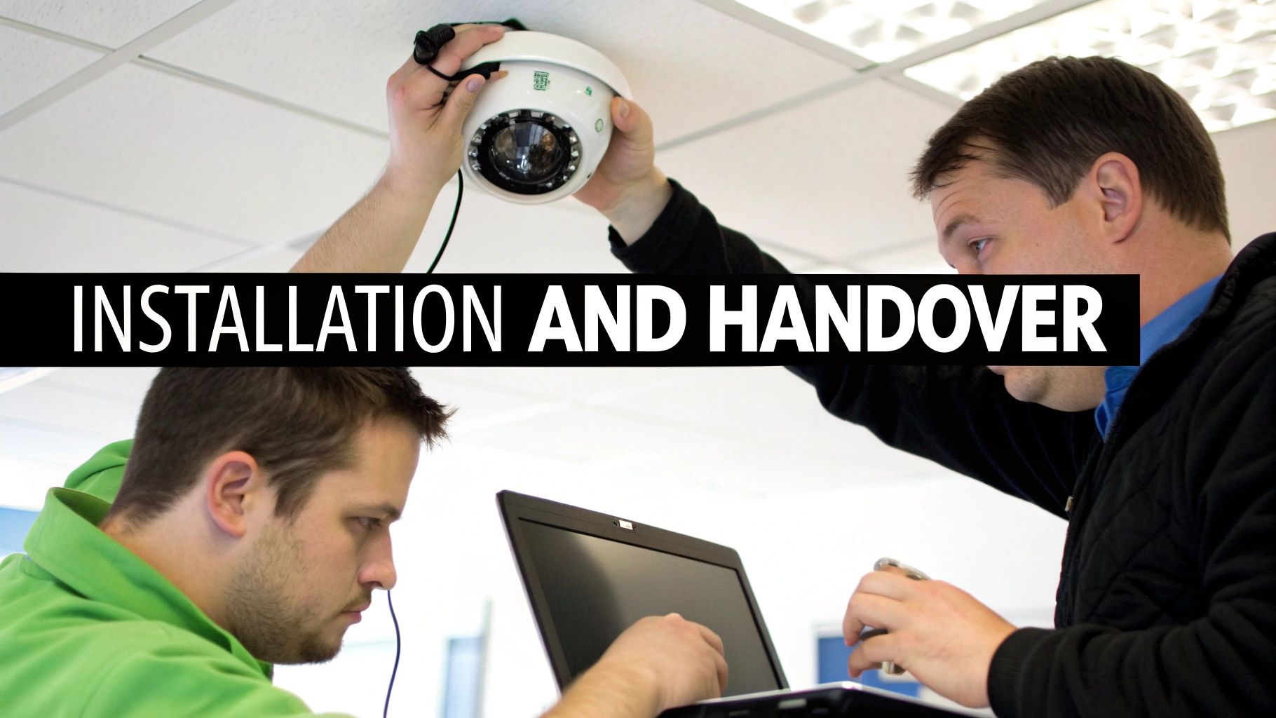 Two technicians installing a white CCTV camera on a ceiling and configuring it on a laptop below, with text overlay.