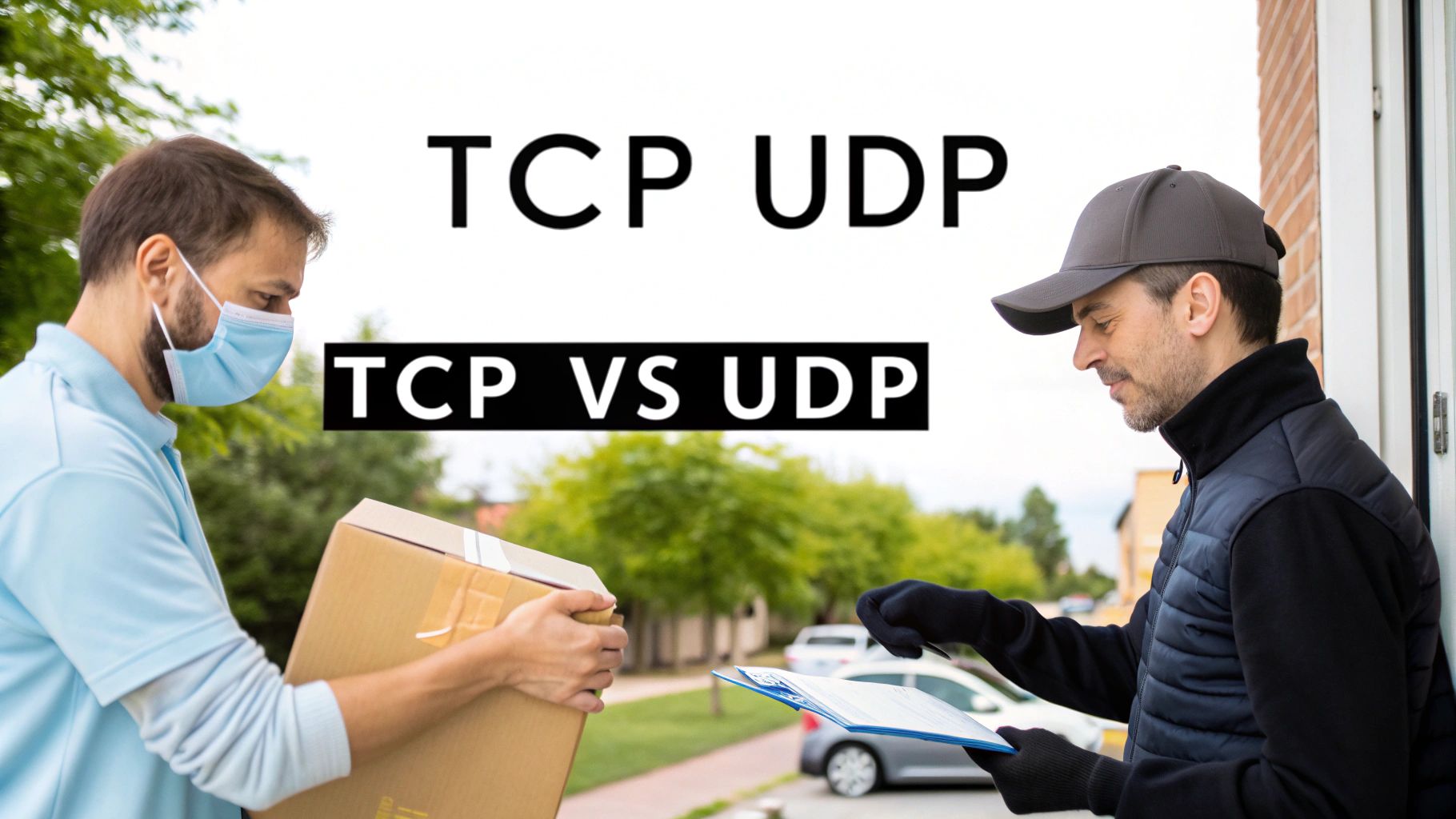A delivery person hands a package to a customer signing a clipboard, with 'TCP UDP TCP VS UDP' text overlay.