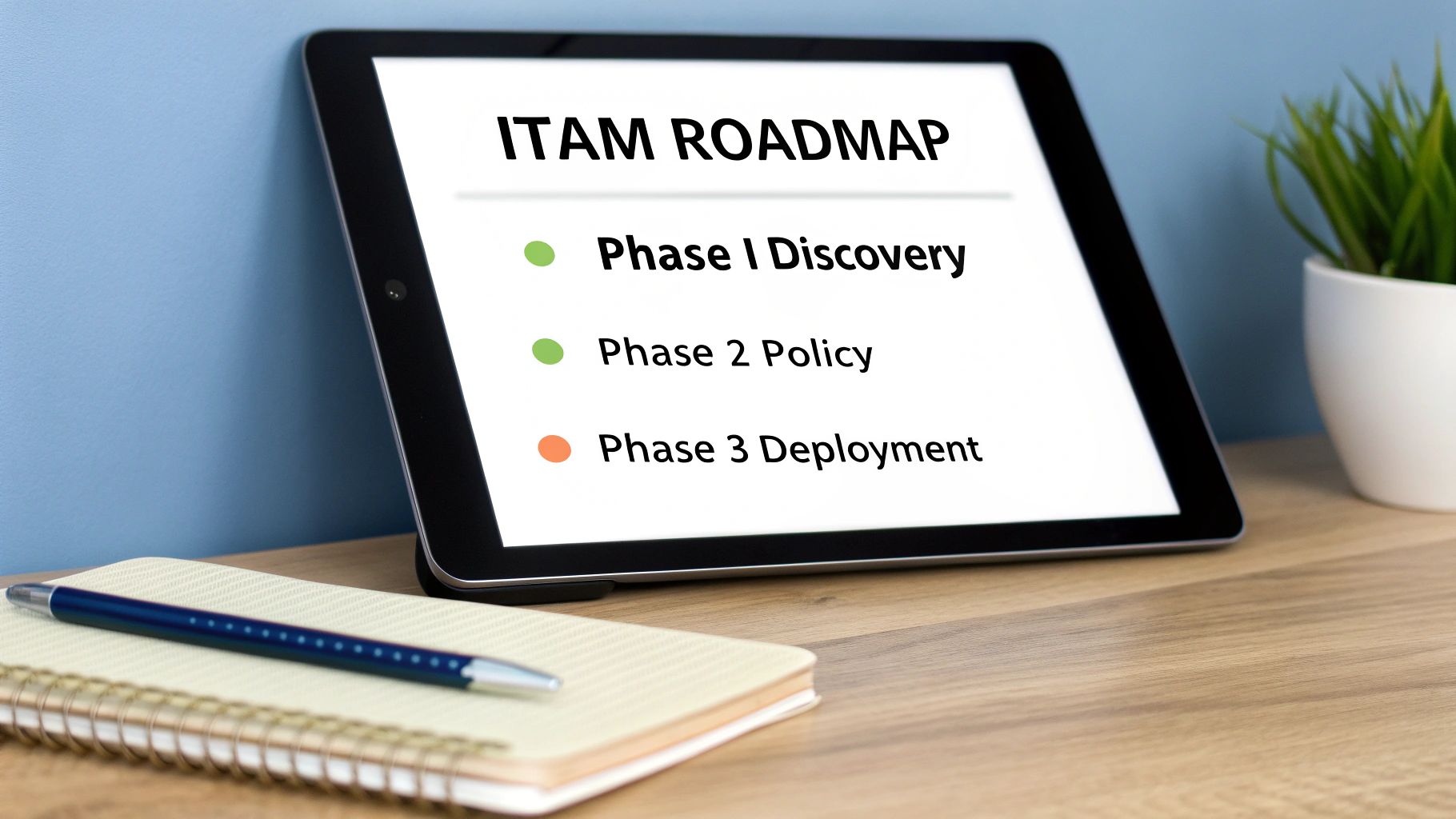 A tablet displays an ITAM roadmap with three phases: Discovery, Policy, and Deployment, next to a notebook.
