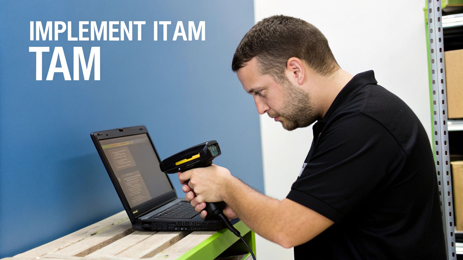 A man uses a barcode scanner while looking at a laptop, with 'IMPLEMENT ITAM TAM' text on the wall.