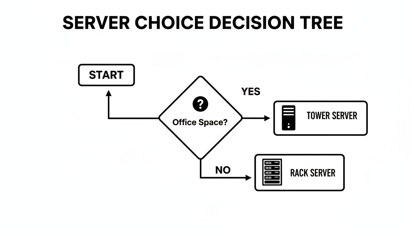 A decision tree flowchart for server choice, recommending tower server for office space and rack server otherwise.