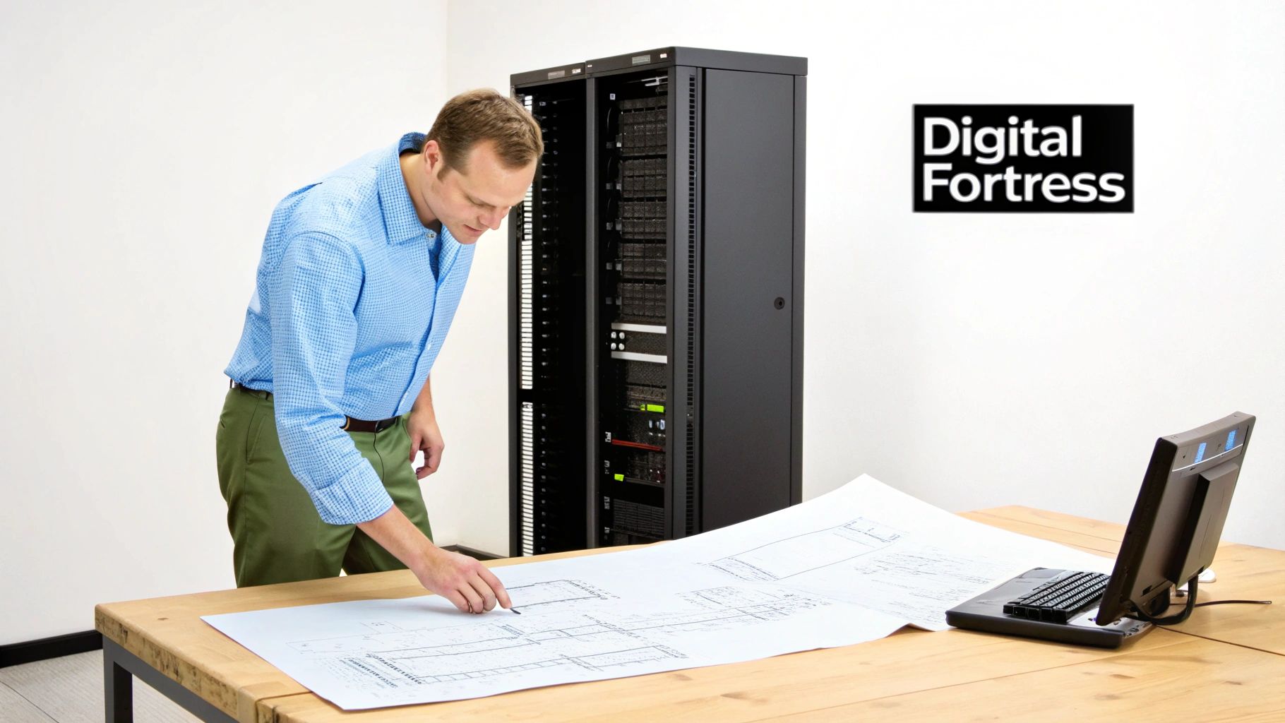 A man examines building plans on a table, with server racks and a laptop nearby, featuring a Digital Fortress logo.
