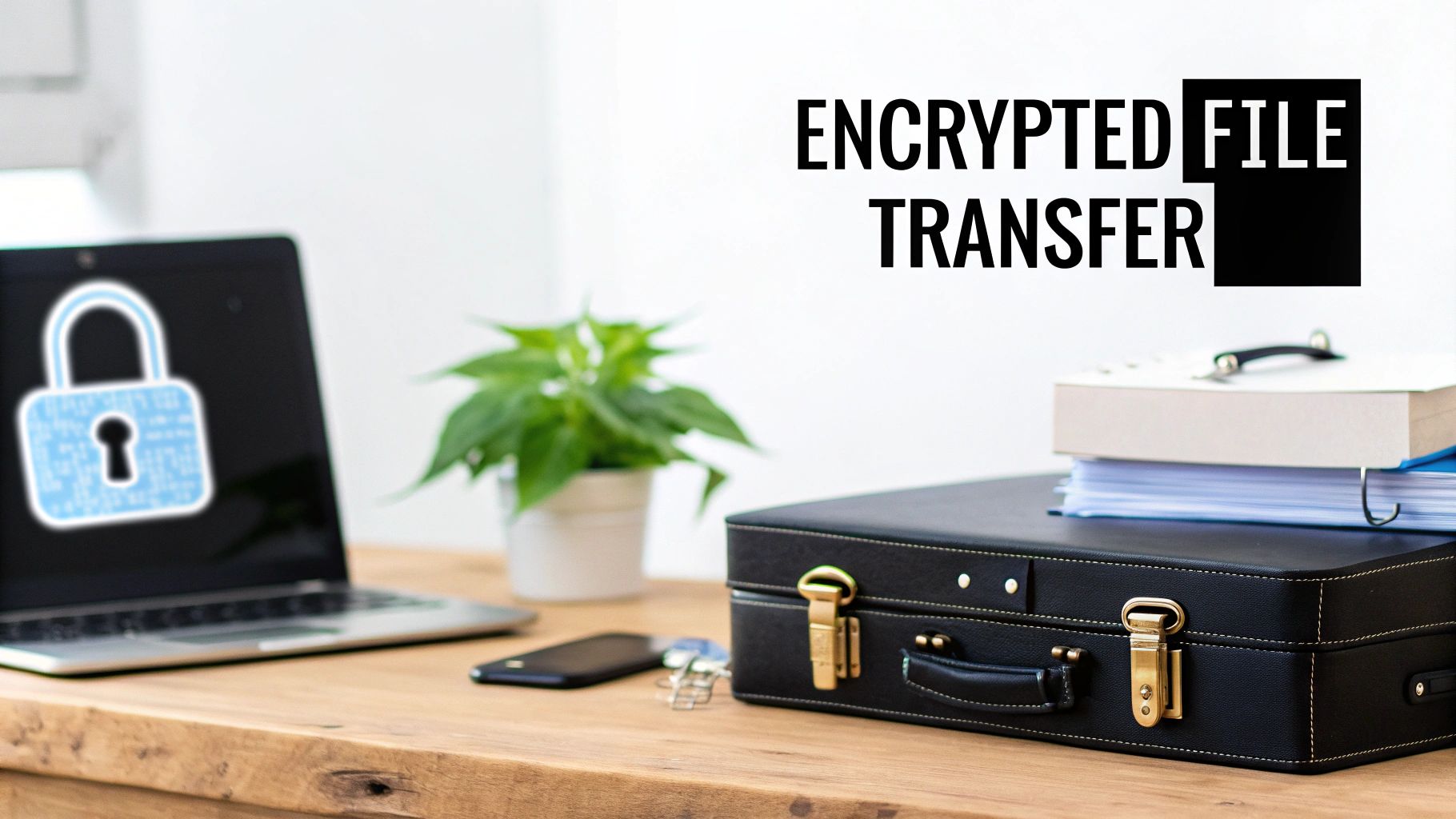 Laptop screen showing a padlock icon, representing encrypted file transfer with a briefcase.