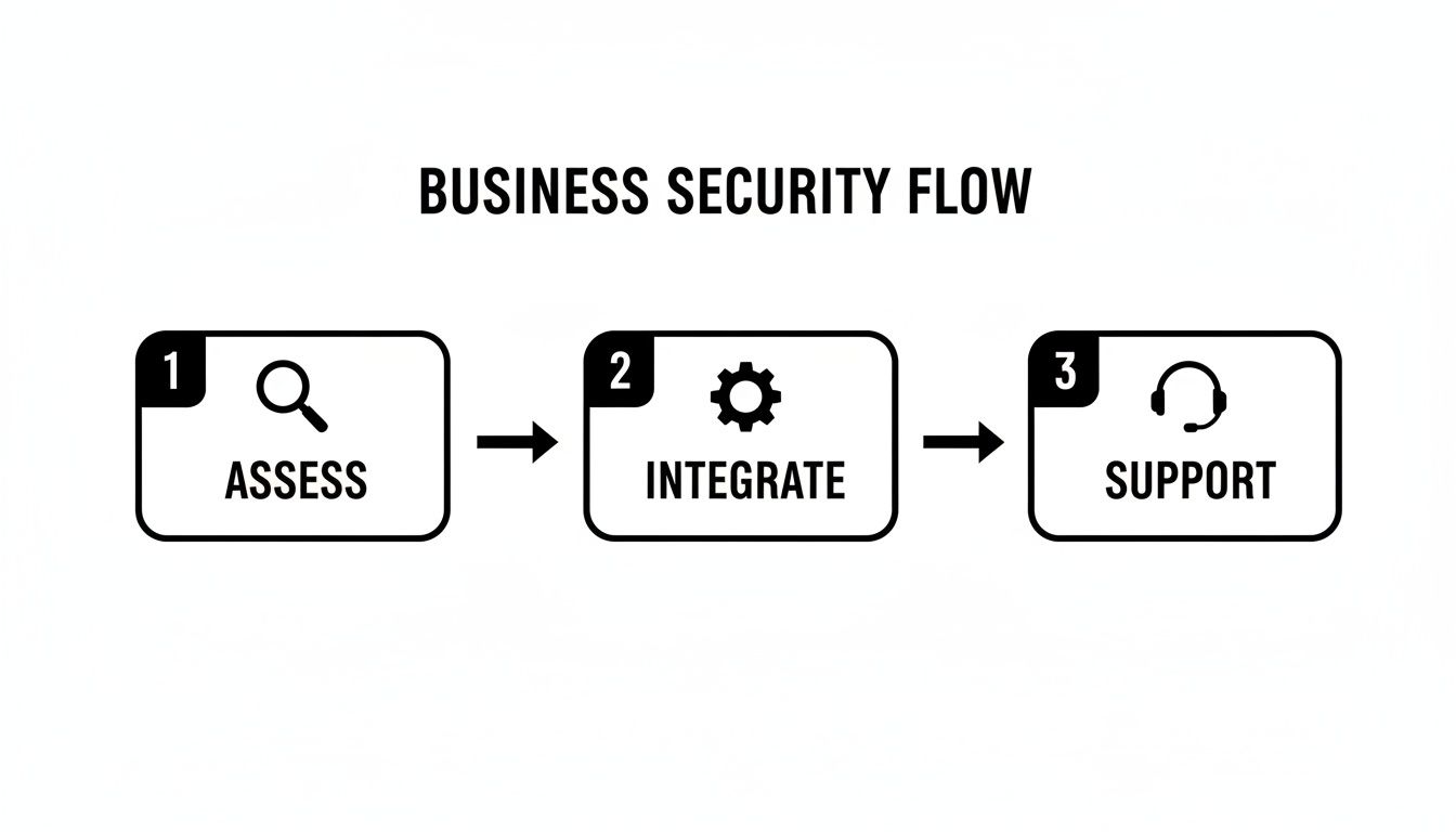 A business security flow diagram showing three steps: assess, integrate, and support, with corresponding icons.