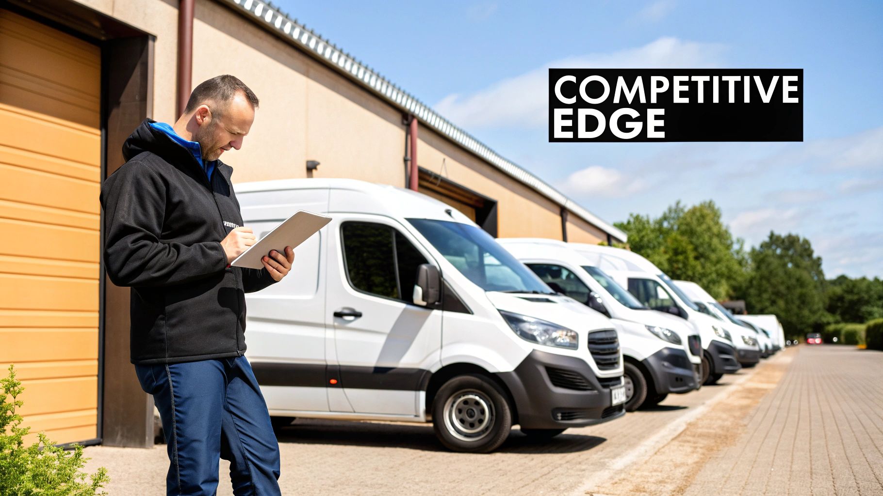 A technician inspects a tablet near a fleet of white commercial vans parked outside a warehouse.