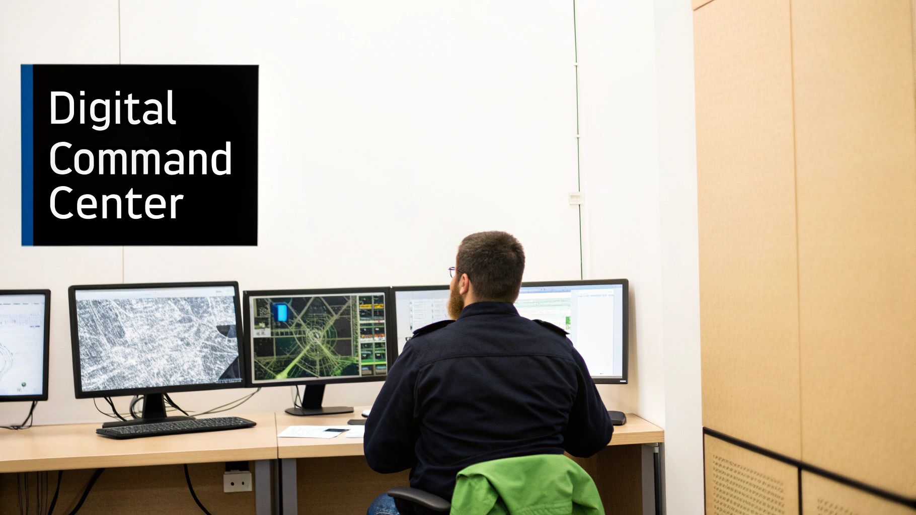 A man in a dark uniform sits at a desk with multiple monitors displaying digital maps in a Digital Command Center.