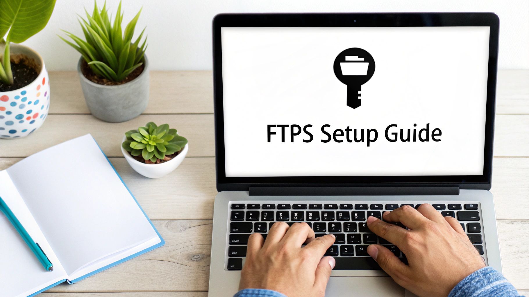 A person typing on a laptop displaying 'FTPS Setup Guide' with a key icon on a desk.