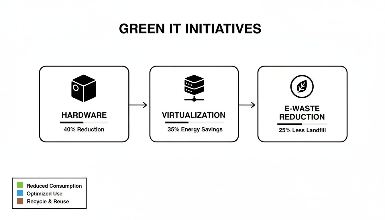 Flowchart illustrating Green IT initiatives with steps for hardware reduction, virtualization, and e-waste reduction goals.