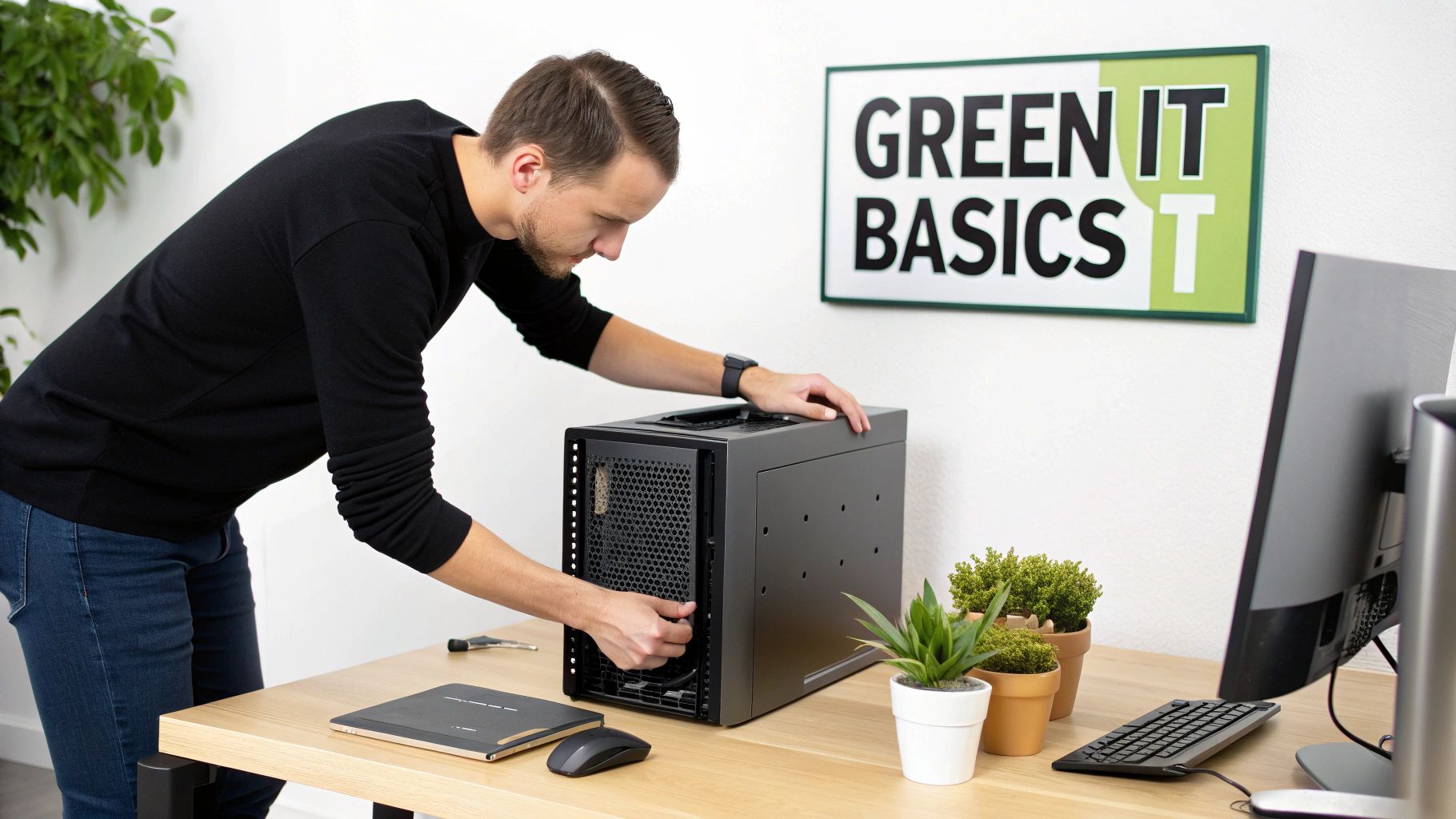 A man in a black shirt carefully assembling a computer case on a wooden desk.