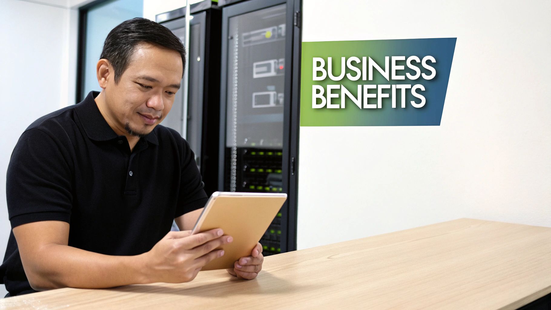 An IT professional uses a tablet in a server room with 'BUSINESS BENEFITS' text.