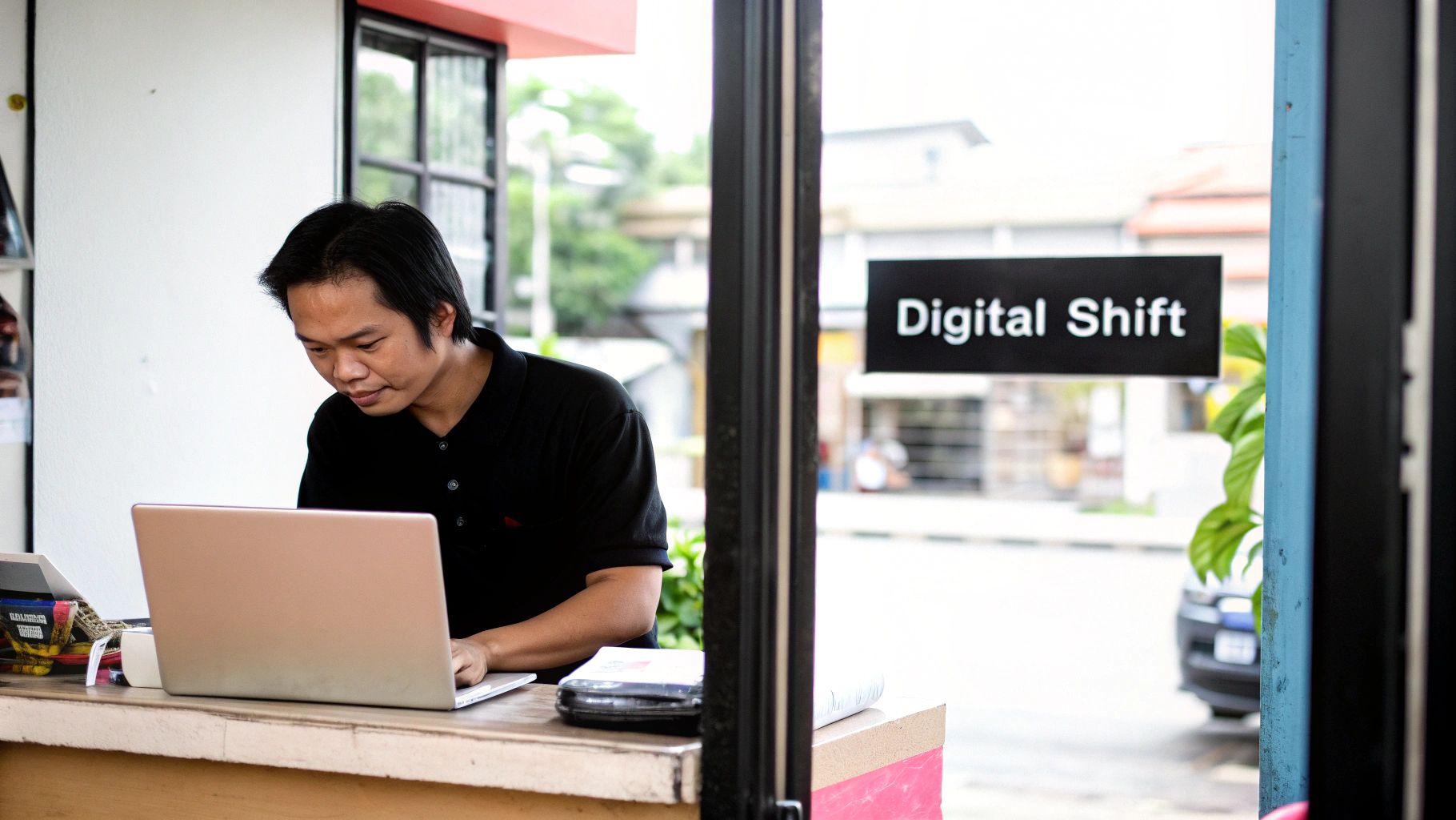A man works diligently on a laptop at a counter, with a 'Digital Shift' sign outside.