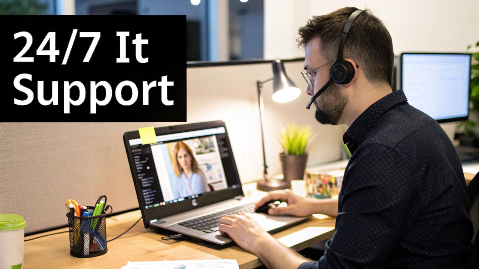 A man with a headset and glasses provides 24/7 IT support via video call on his laptop.