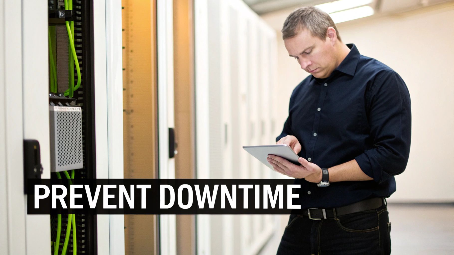 A man using a tablet in a server room, with "PREVENT DOWNTIME" text overlay.