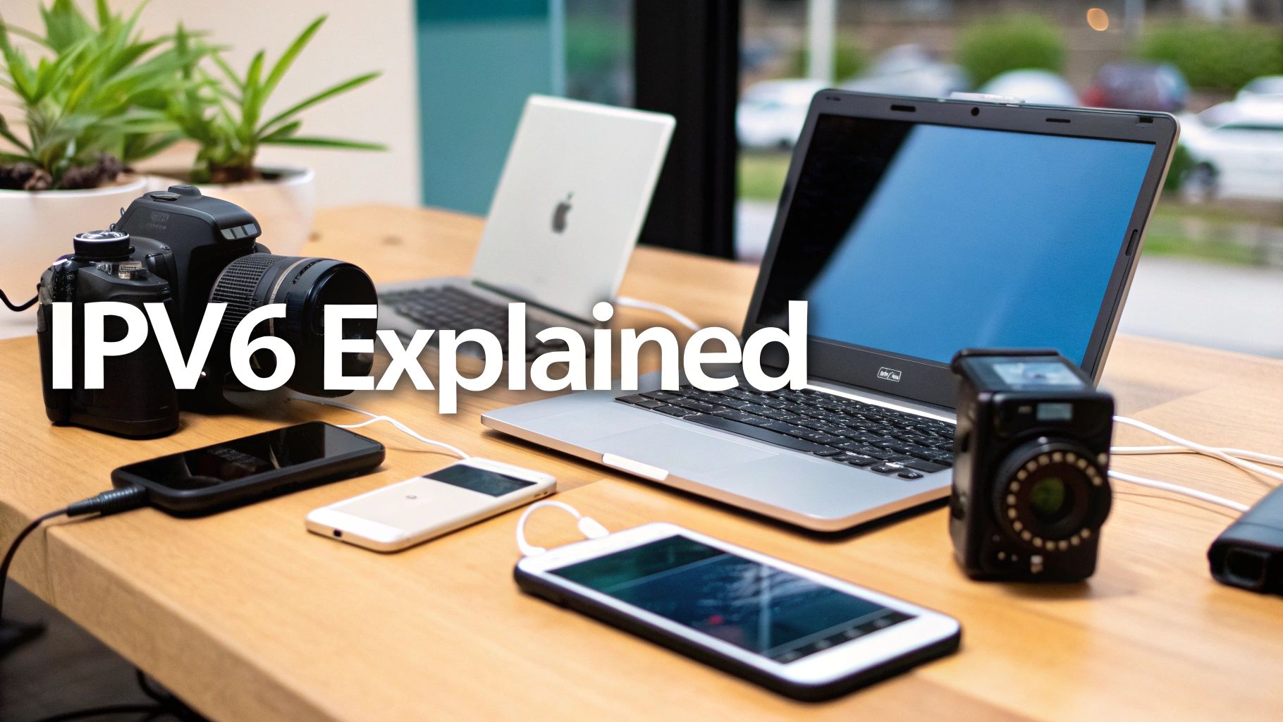 Various tech devices like laptops, smartphones, and cameras on a desk with 'IPV6 Explained' text.