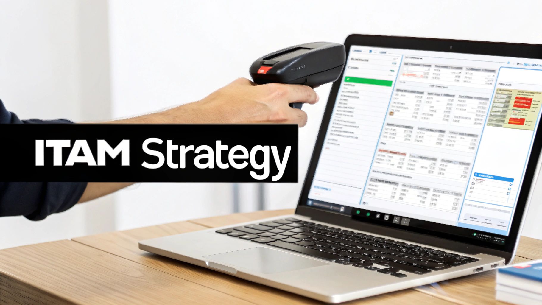 A person uses a barcode scanner to manage IT assets displayed on a laptop, emphasizing ITAM strategy.