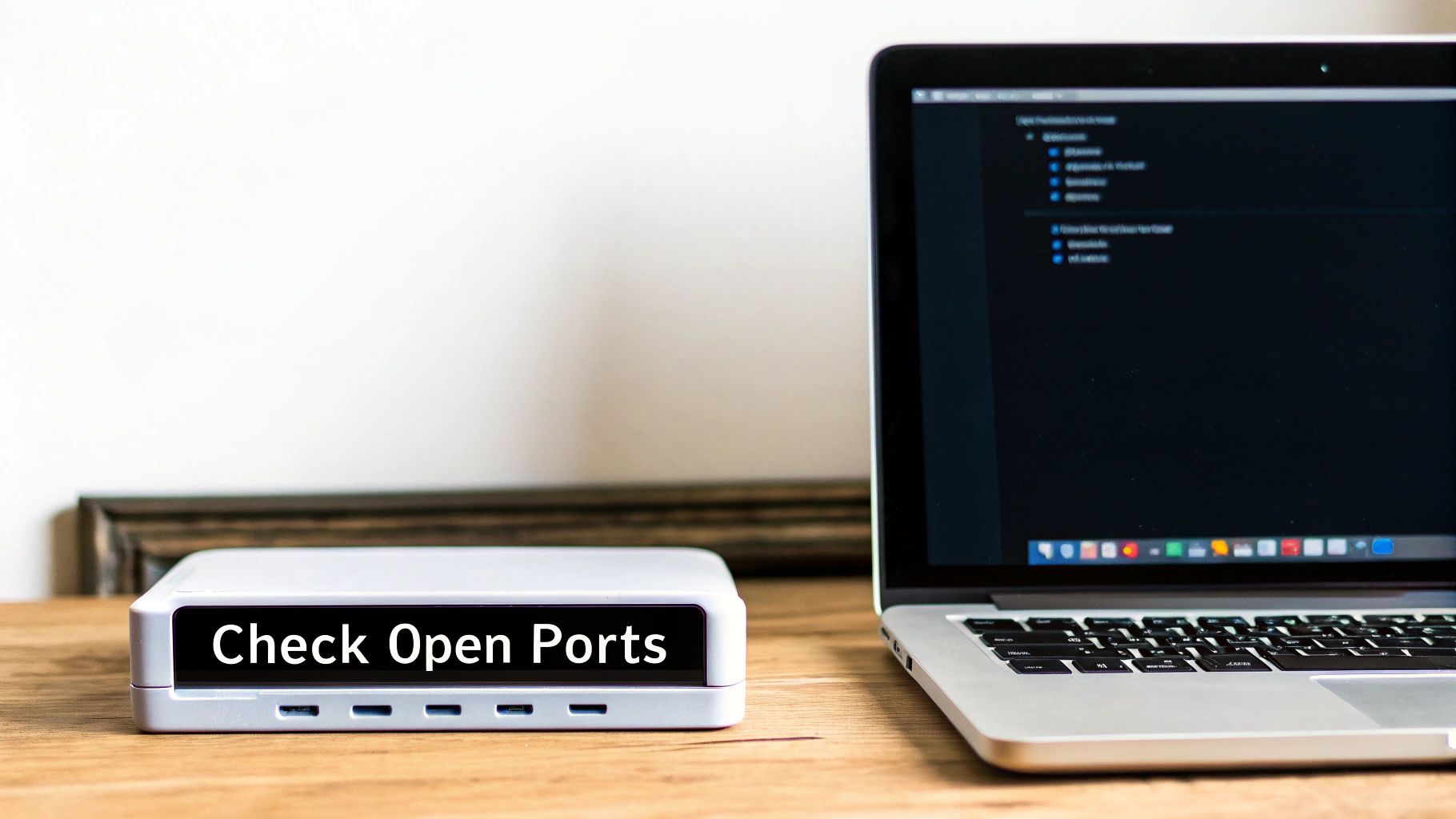 A white device displaying 'Check Open Ports' next to a laptop on a wooden desk, highlighting network security.