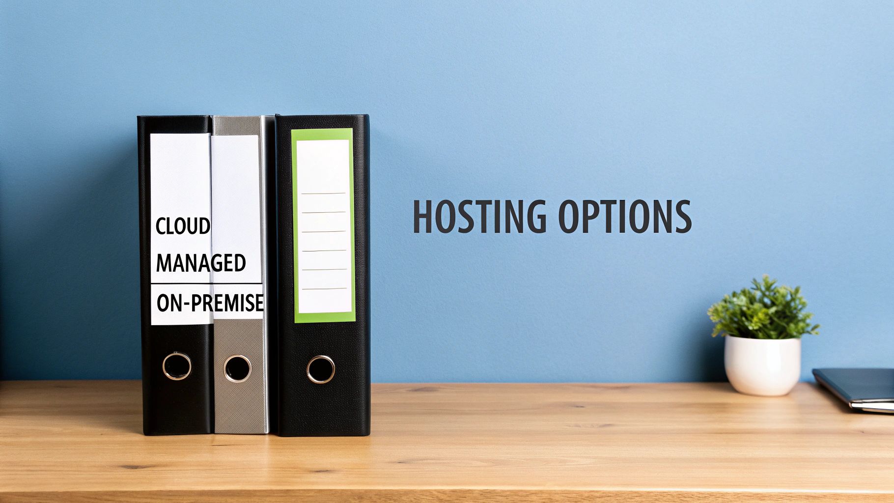 Three binders on a wooden desk, labeled Cloud, Managed, On-Premise, with 'Hosting Options' on the blue wall.