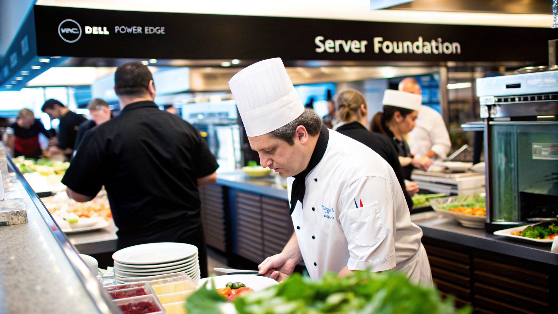 A chef in a white uniform serves food at a busy buffet line, with "DELL POWEREDGE" signage.