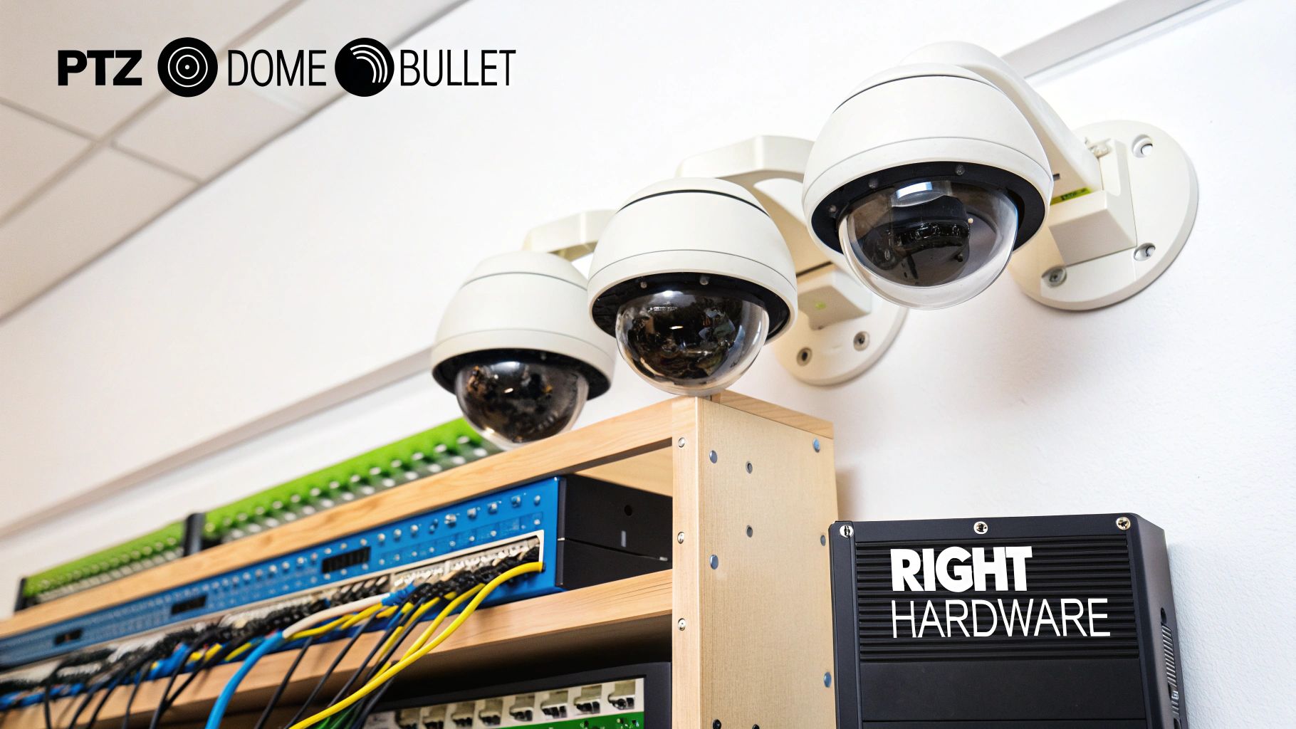 Security system setup with three dome CCTV cameras, network switches, and a 'Right Hardware' unit.