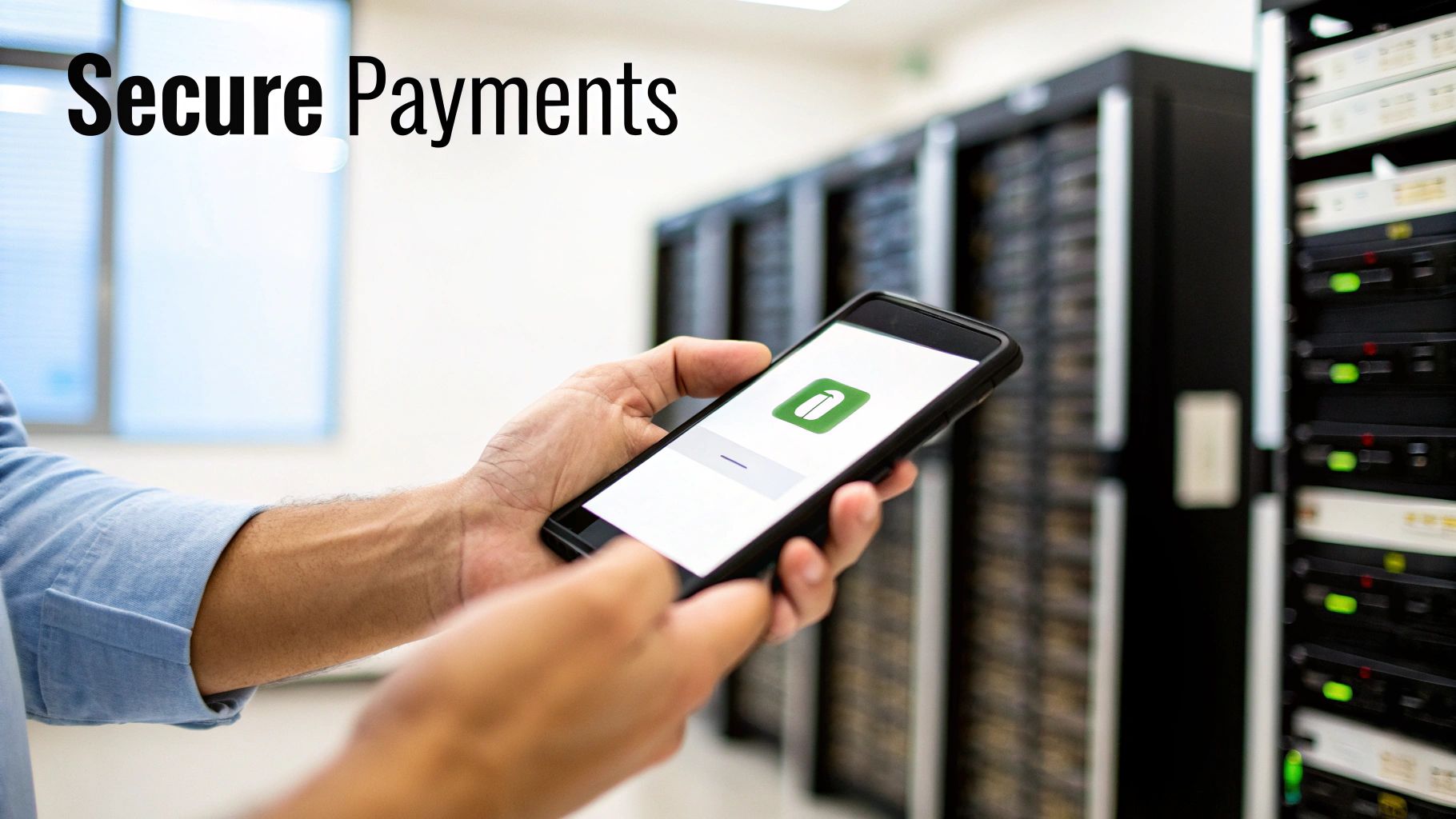 A person holds a smartphone displaying a secure payment app, with server racks visible in the background, symbolizing secure transactions.