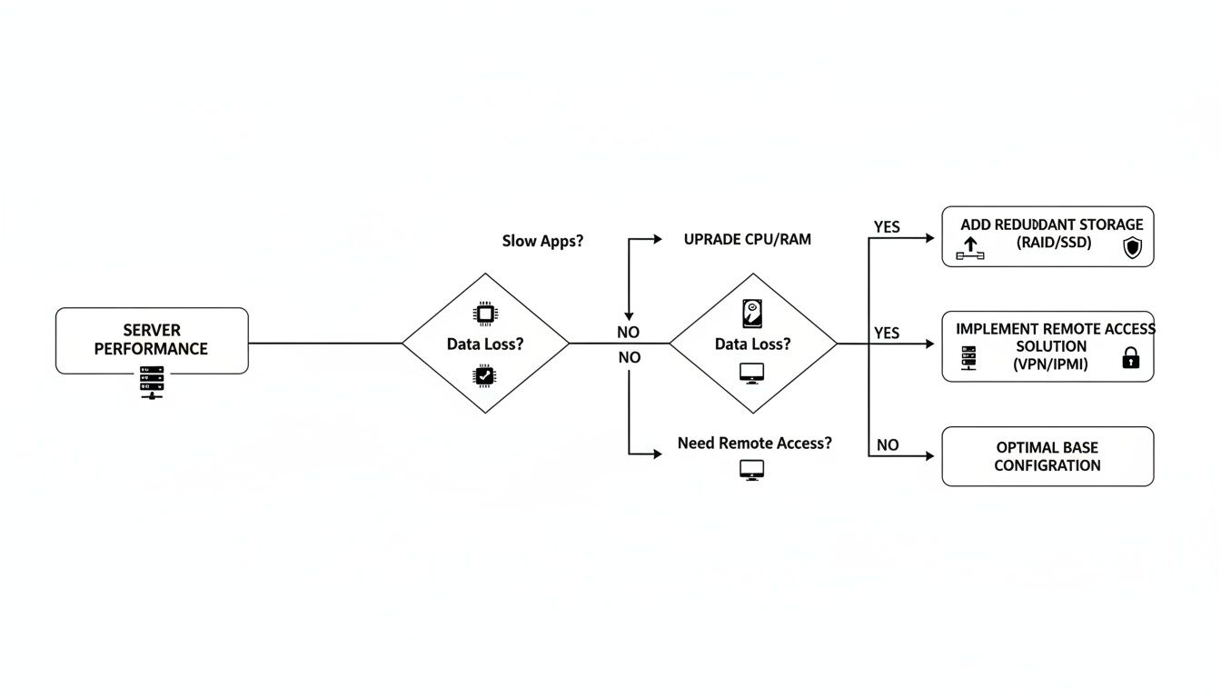 Flowchart detailing server performance troubleshooting, addressing data loss, slow apps, and remote access solutions.
