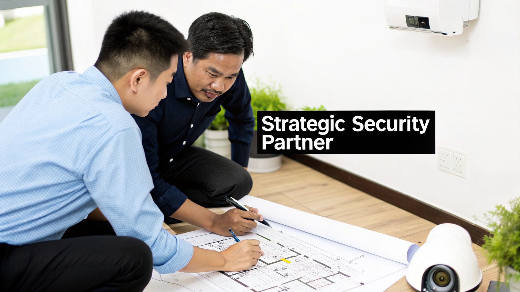 Two men review architectural plans on the floor, discussing a strategic security system installation with a CCTV camera nearby.