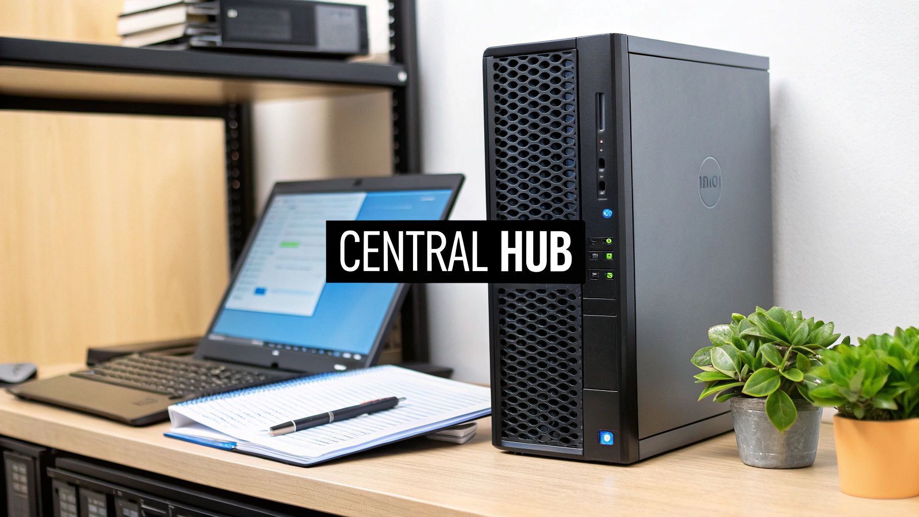 A black Dell tower server on a wooden desk, next to an open laptop, notebook, and plants.