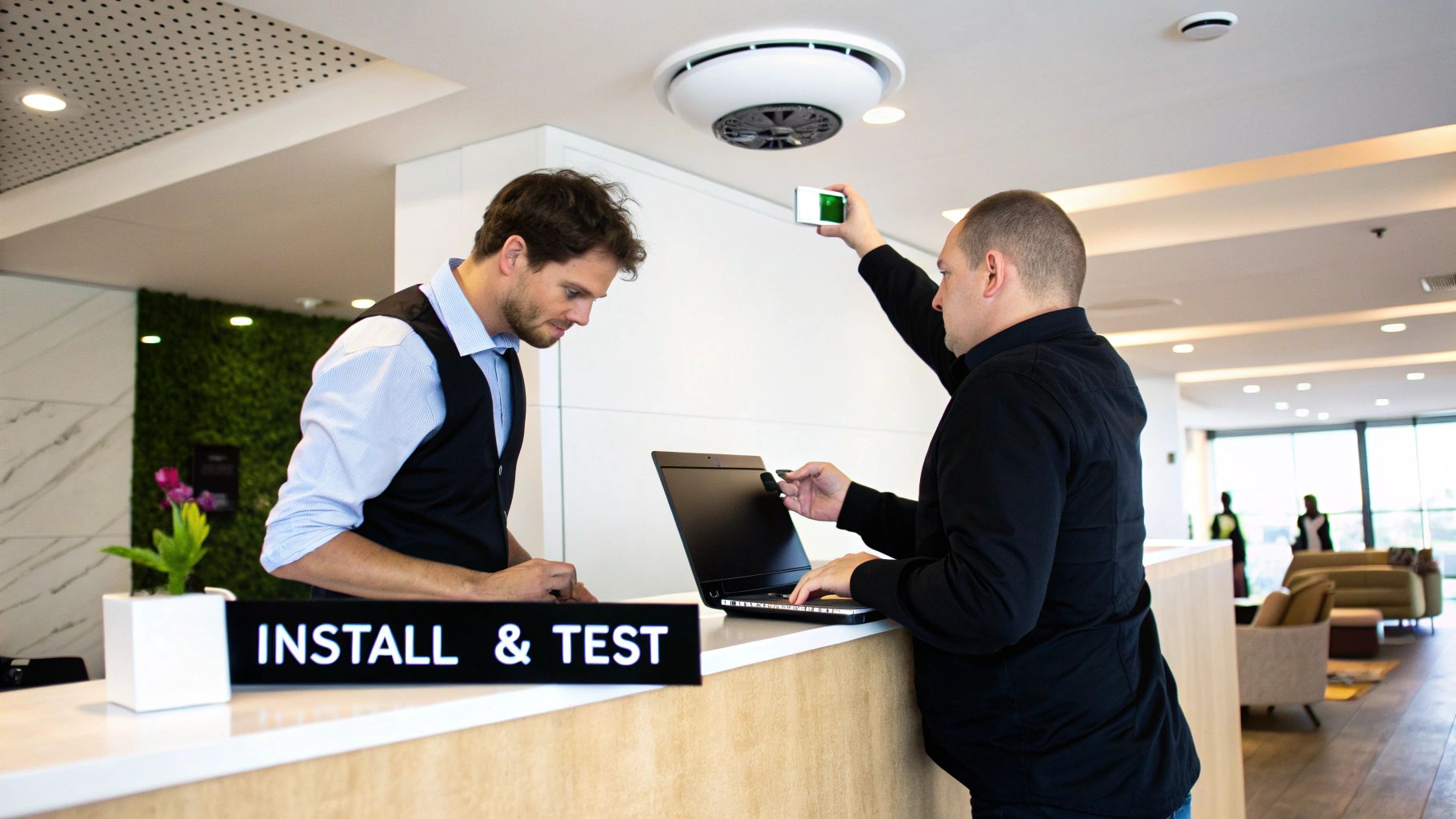 Technicians install and test a security system, one operating a laptop, the other adjusting a ceiling device.