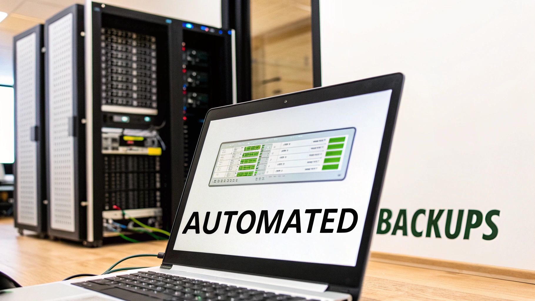 A laptop screen showing 'AUTOMATED BACKUPS' in a server room with data racks visible.