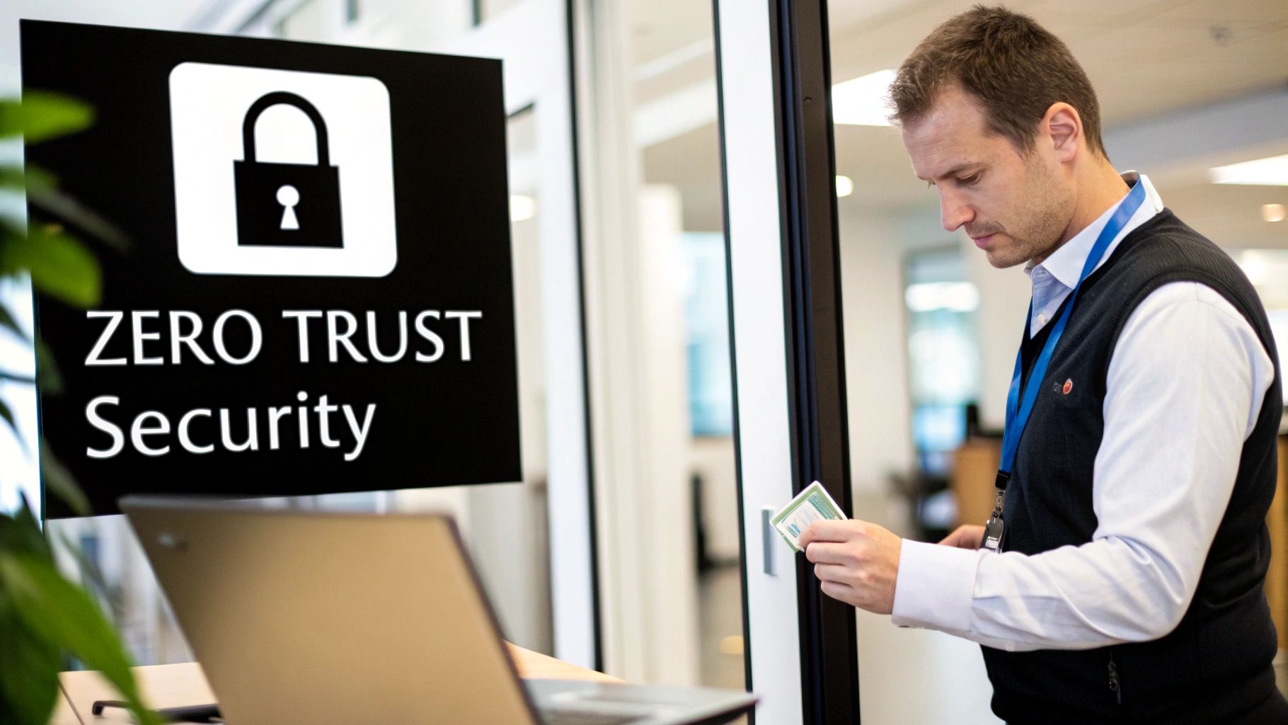 A man uses an access card at a door next to a 'Zero Trust Security' sign and a laptop.
