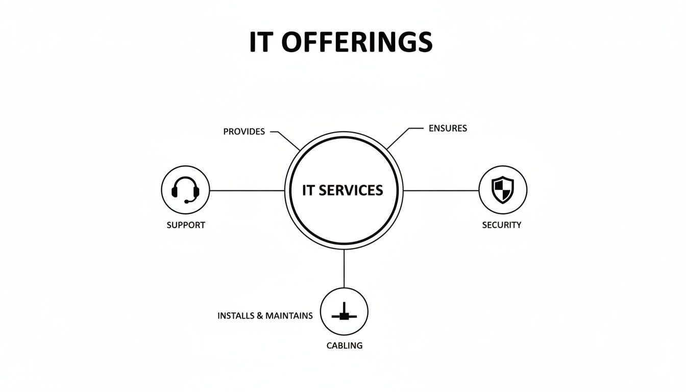 A diagram illustrating IT service offerings, including support, security, and cabling services.