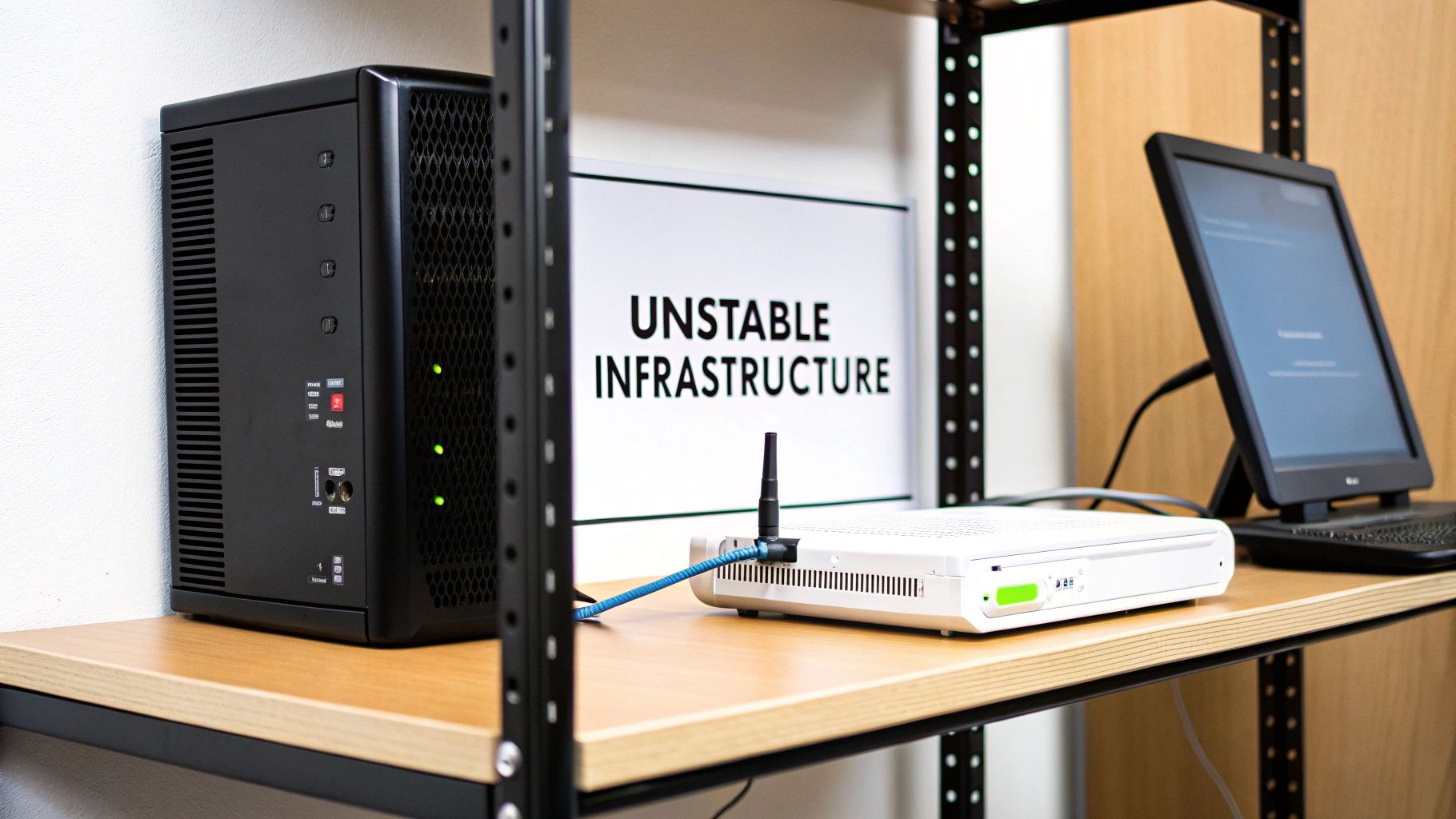 A server, router, and tablet on a wooden shelf with a sign reading 'UNSTABLE INFRASTRUCTURE'.