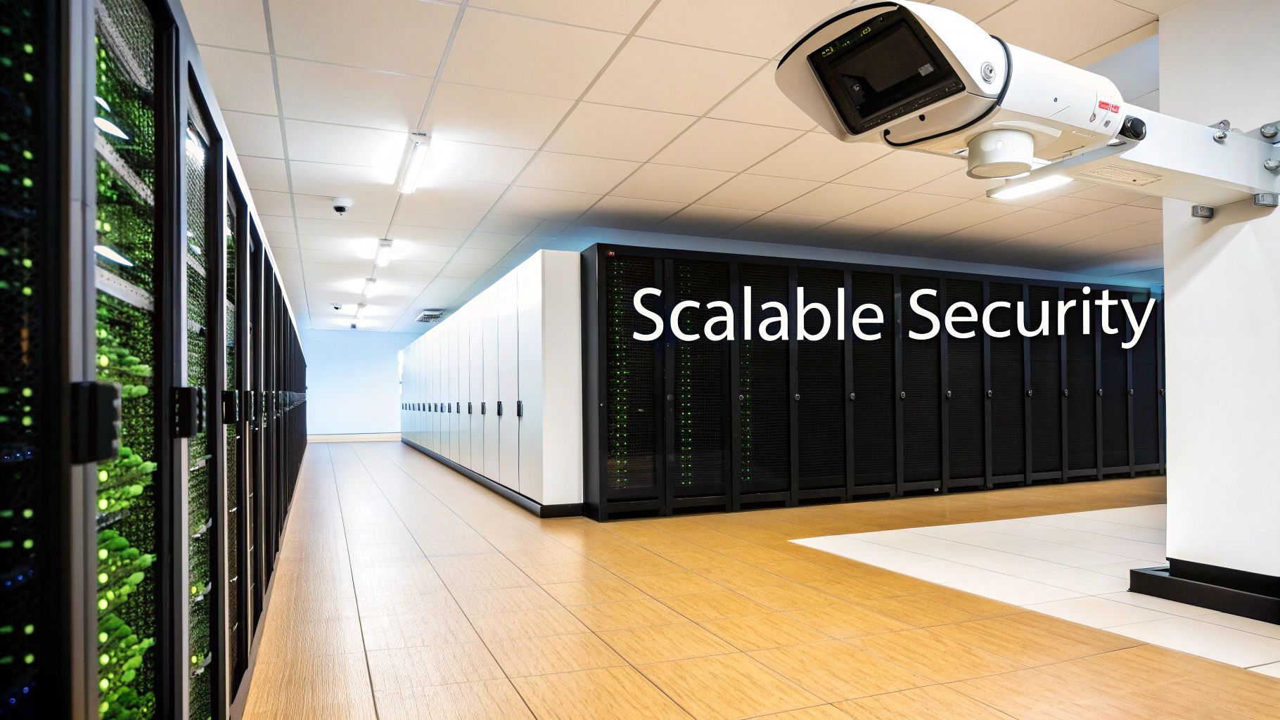 A security camera monitors rows of server racks in a modern data center, illustrating scalable security solutions.