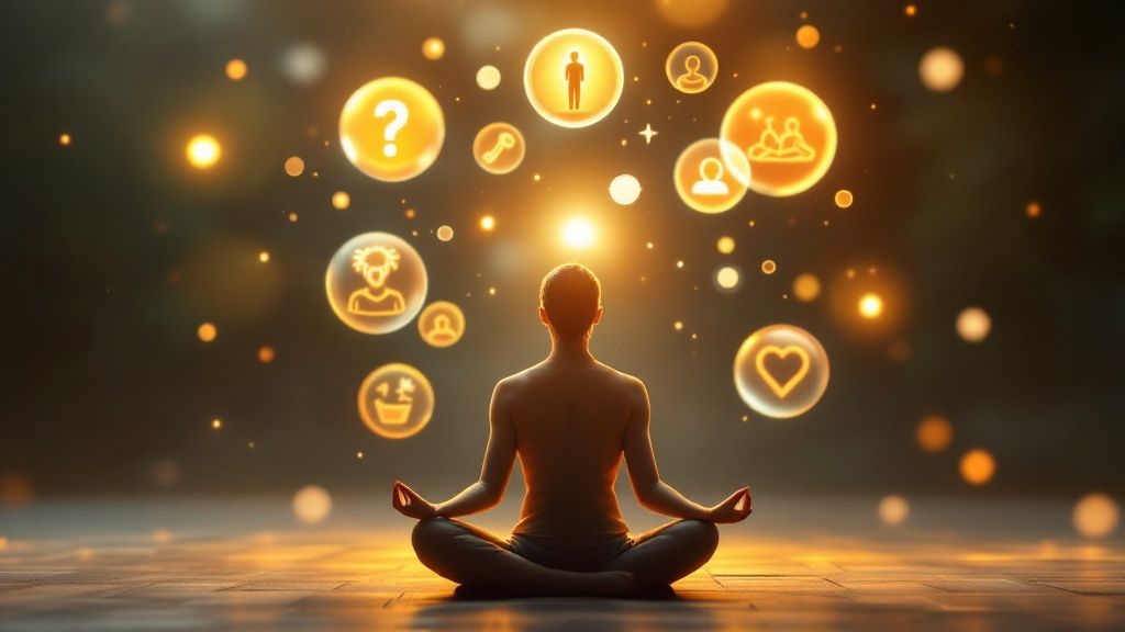 A person visualizing a calm, abstract scene with soft colors.