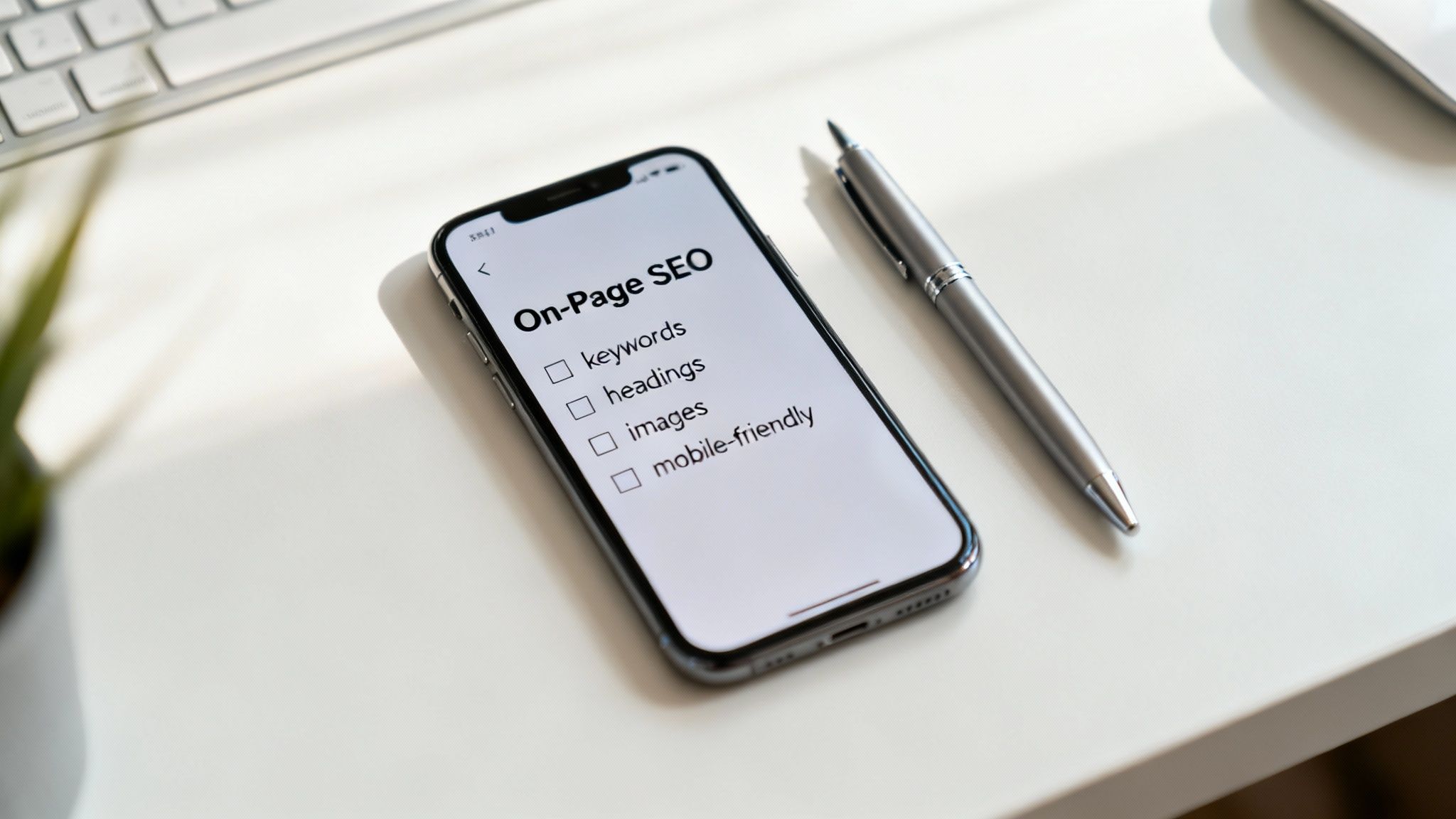 A checklist on a clipboard with a pen, symbolizing the practical steps for on-page SEO.
