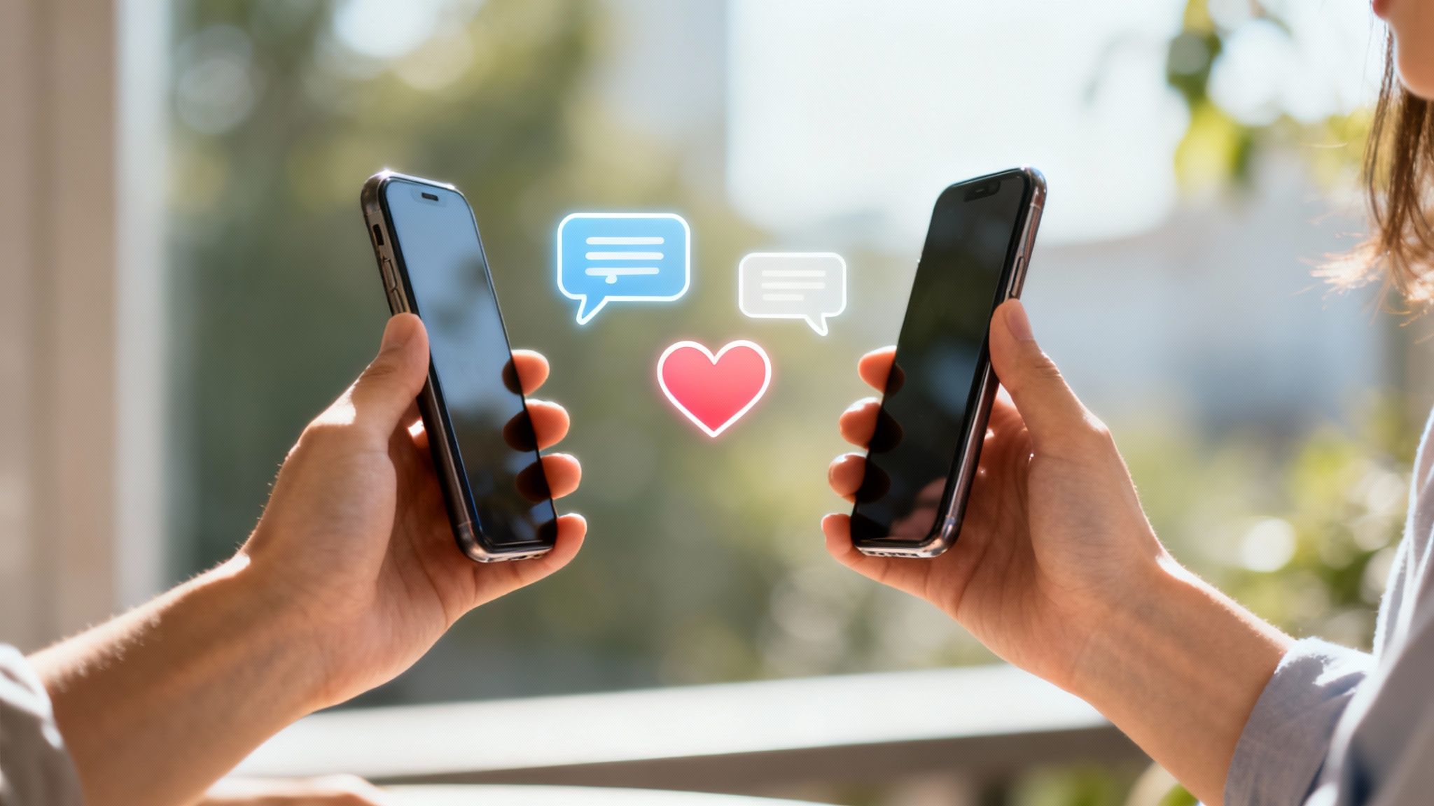 A group of diverse people engaging with a giant smartphone screen, symbolizing community and interaction on social media.