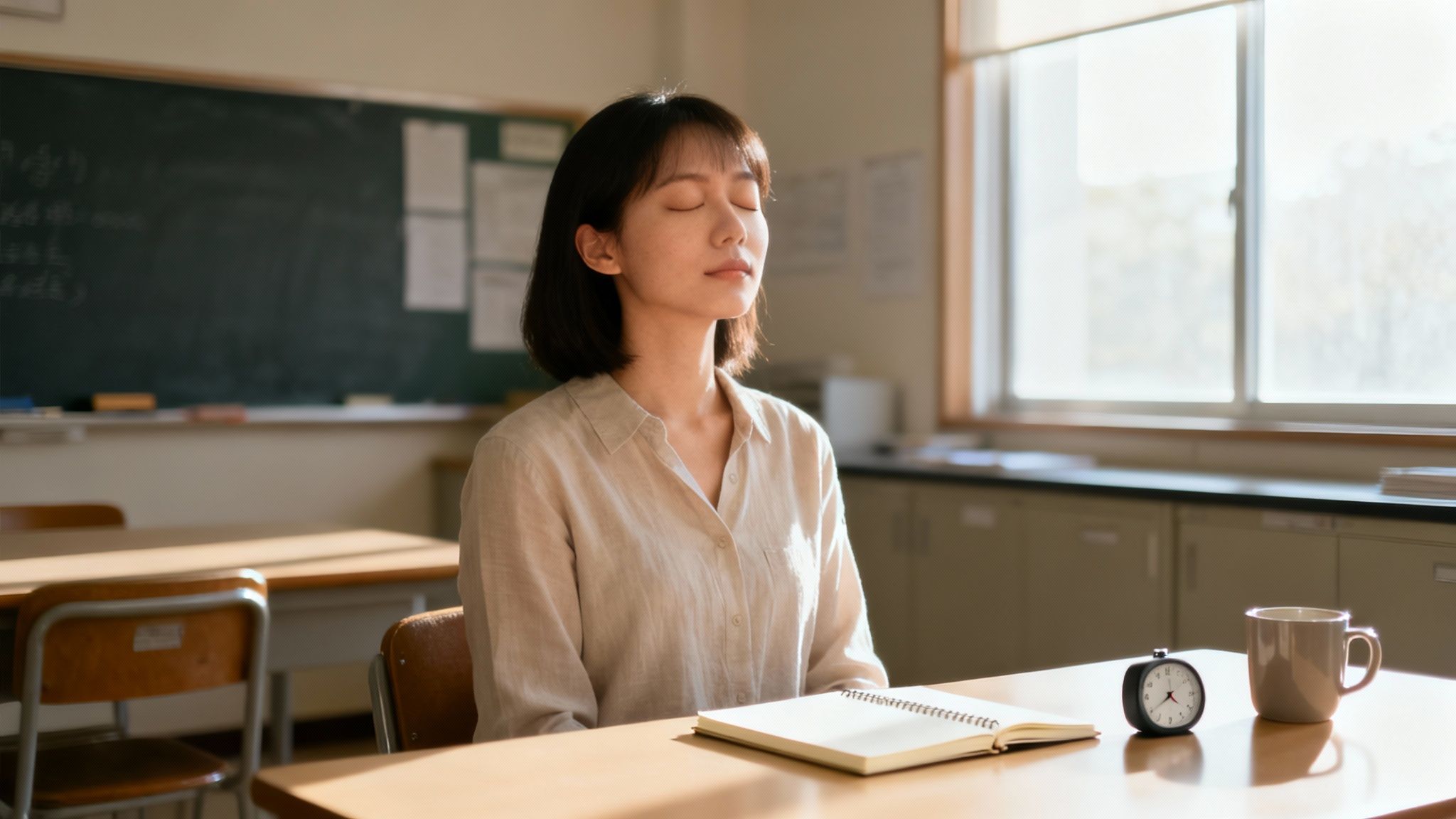 A teacher's desk with a toolkit metaphorically representing self-care strategies.