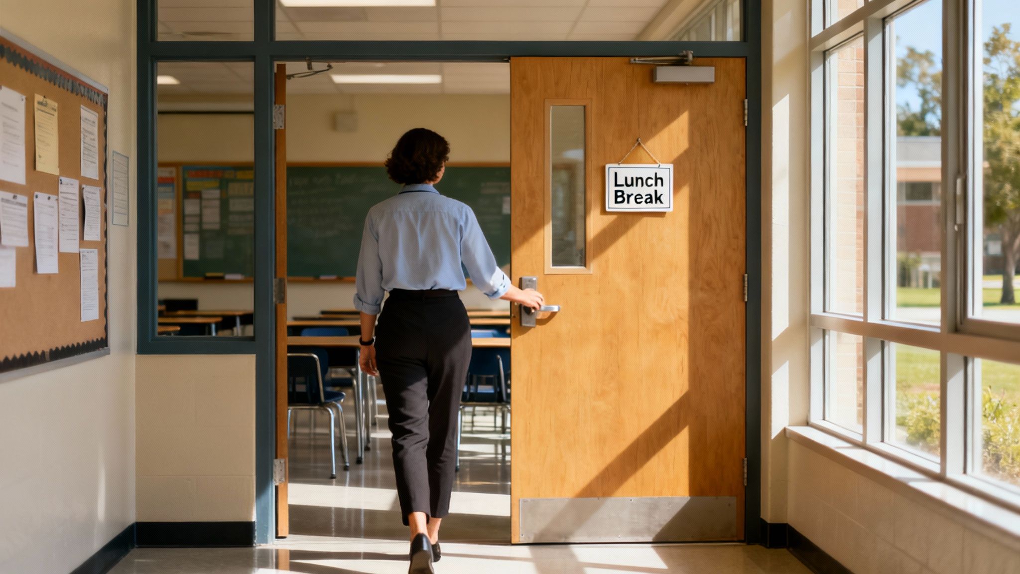 A teacher closes their laptop at their desk, signifying the end of the workday.