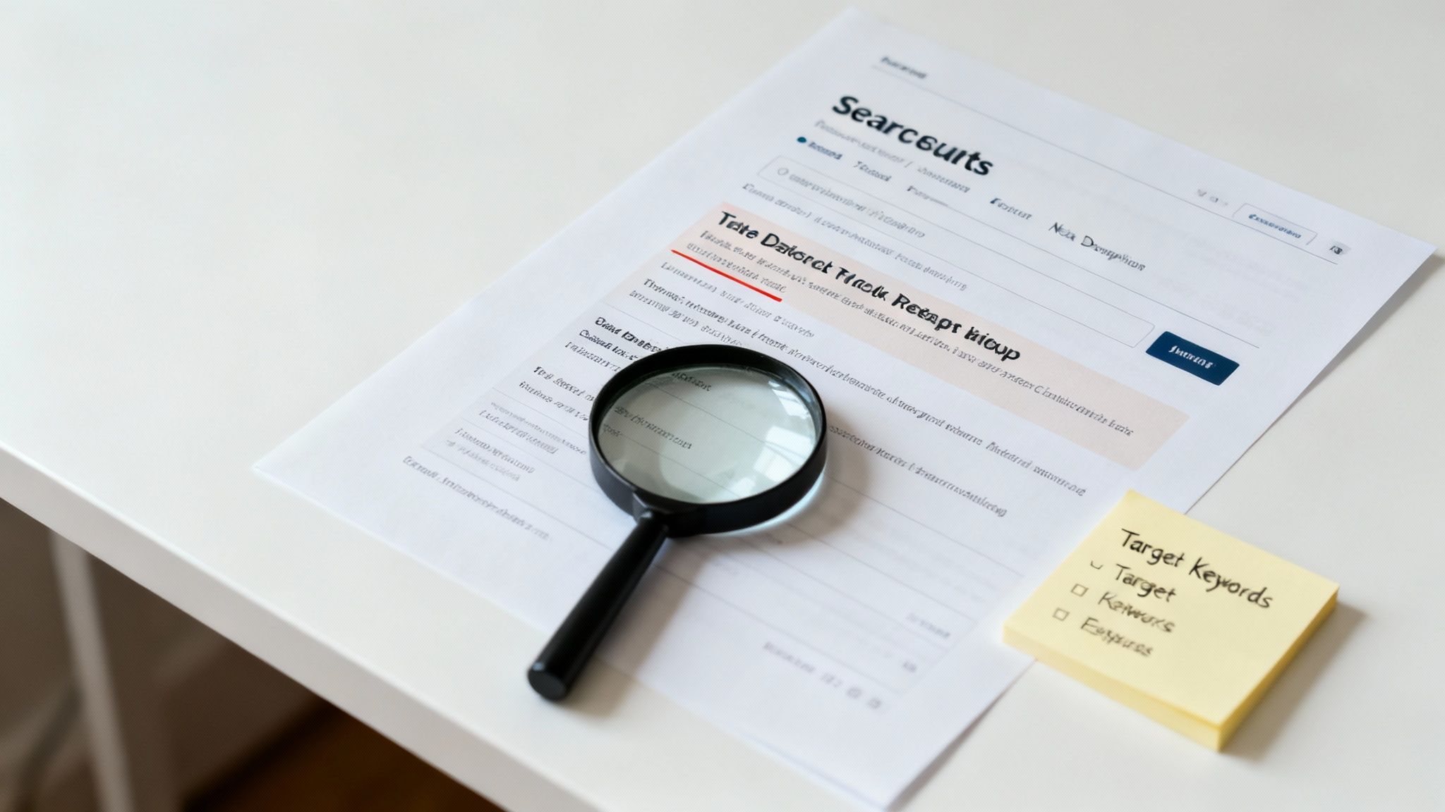 A person looking at a magnifying glass over a computer screen, symbolizing SEO keyword research.